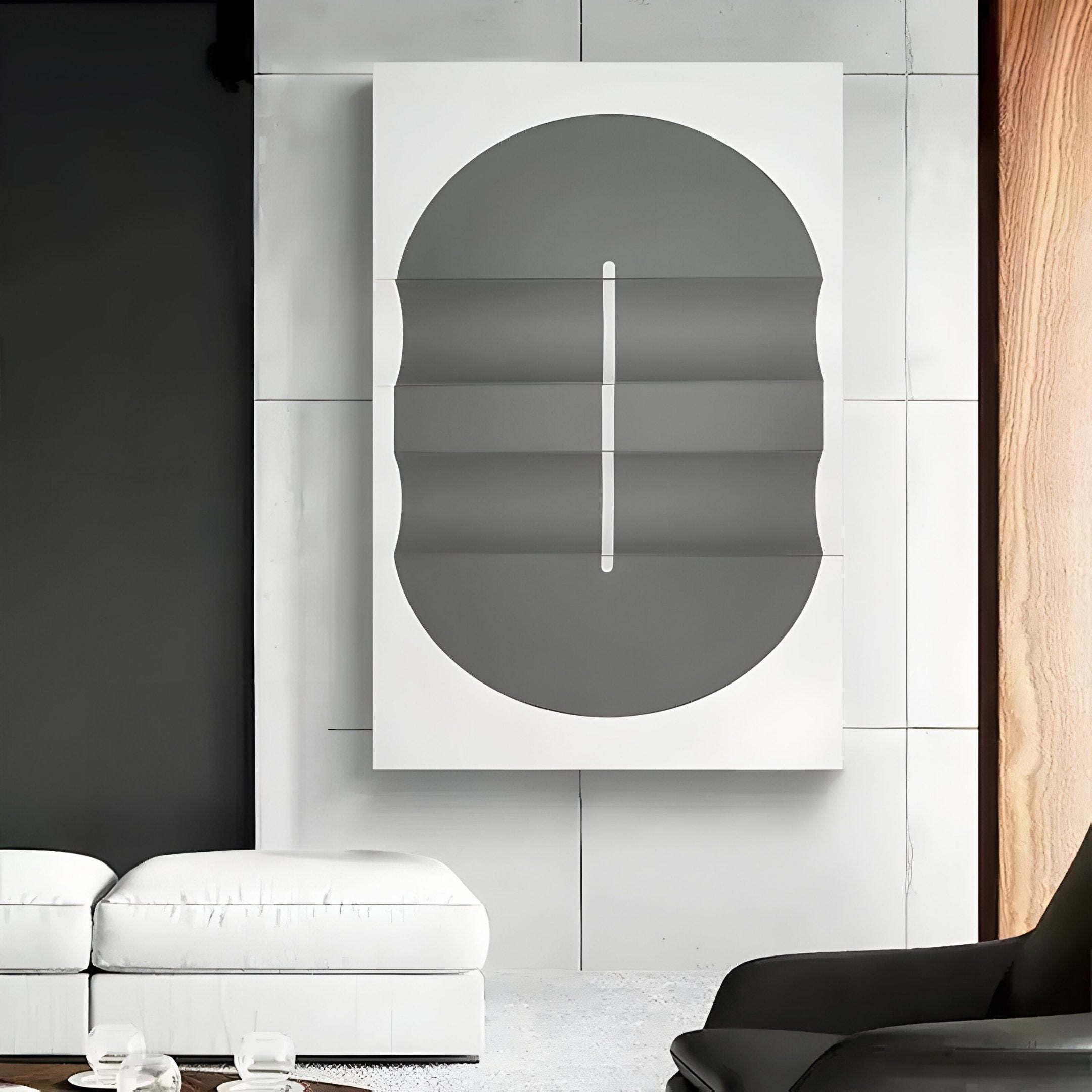 In a modern living room, the Ellipse Charcoal Oval Wood 3D Canvas Wall Art by Giant Sculptures captivates with its vertical white line on the wall. A white sofa and black chair complement this contemporary design.