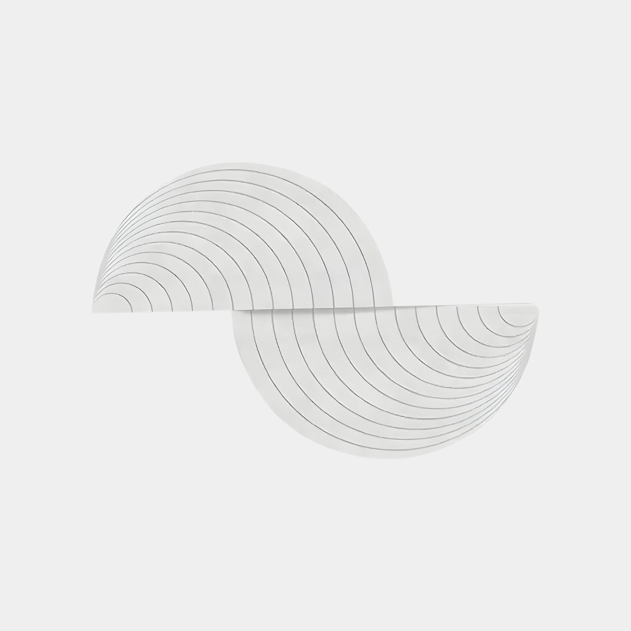 The Orbitals White Semi-Circle Wood Carved Sandstone 3D Wall Art by Giant Sculptures showcases an abstract design with concentric lines on a light background, featuring two opposite semi-circular shapes that create balance and symmetry.