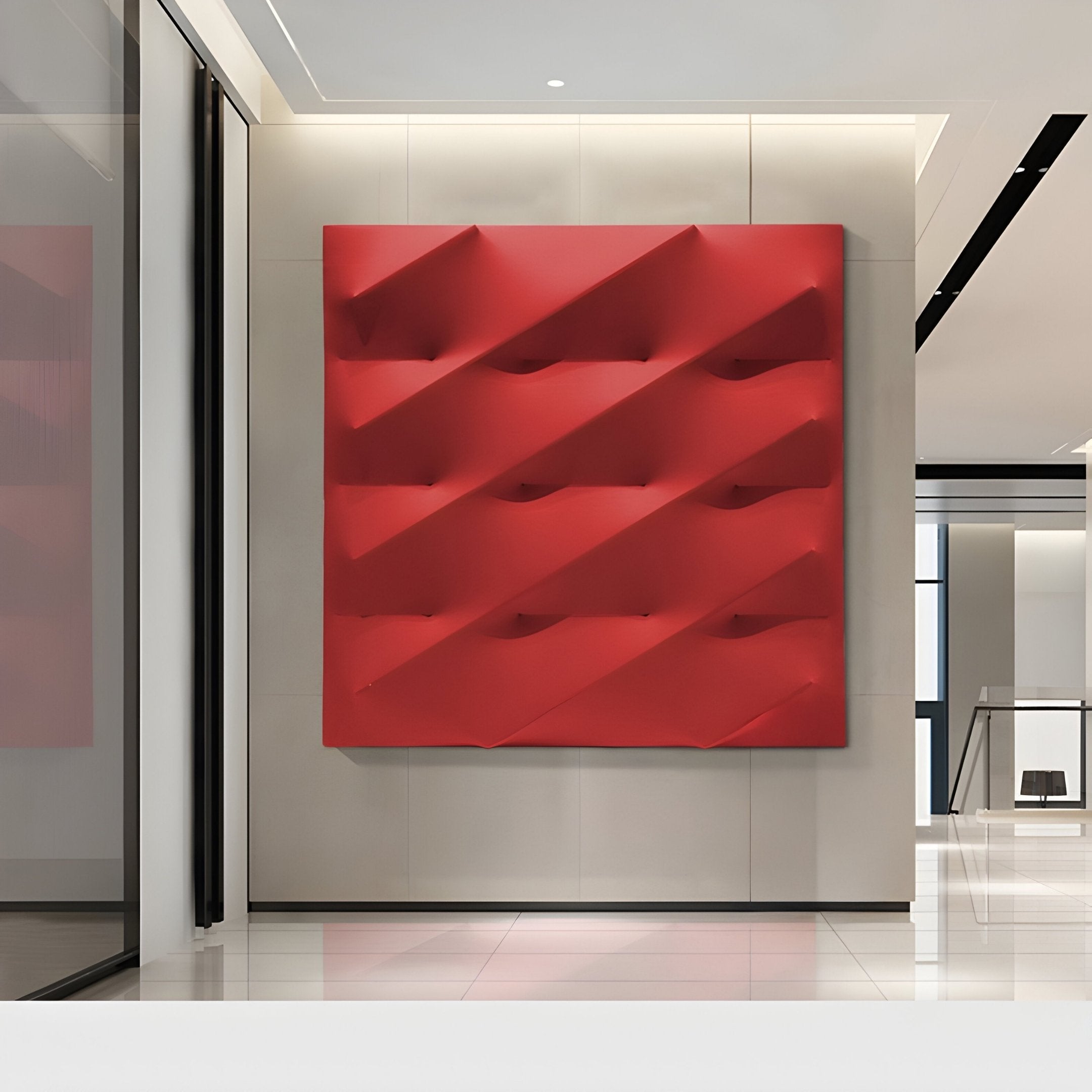 Giant Sculptures Verto Bold Red Stretch Fabric Layered Wooden 3D Wall Art graces a minimalistic gallery with its abstract diagonal ridges, strikingly contrasting a light backdrop and harmonizing with the glossy floor and sleek modern interiors.