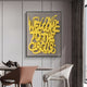 A modern dining area with bold décor features the Giant Sculptures Urbanic Yellow Welcome Script 3D Wooden Graffiti Wall Art, a wooden table, brown and white chairs, a decorative rhino sculpture, and partially visible large window curtains.