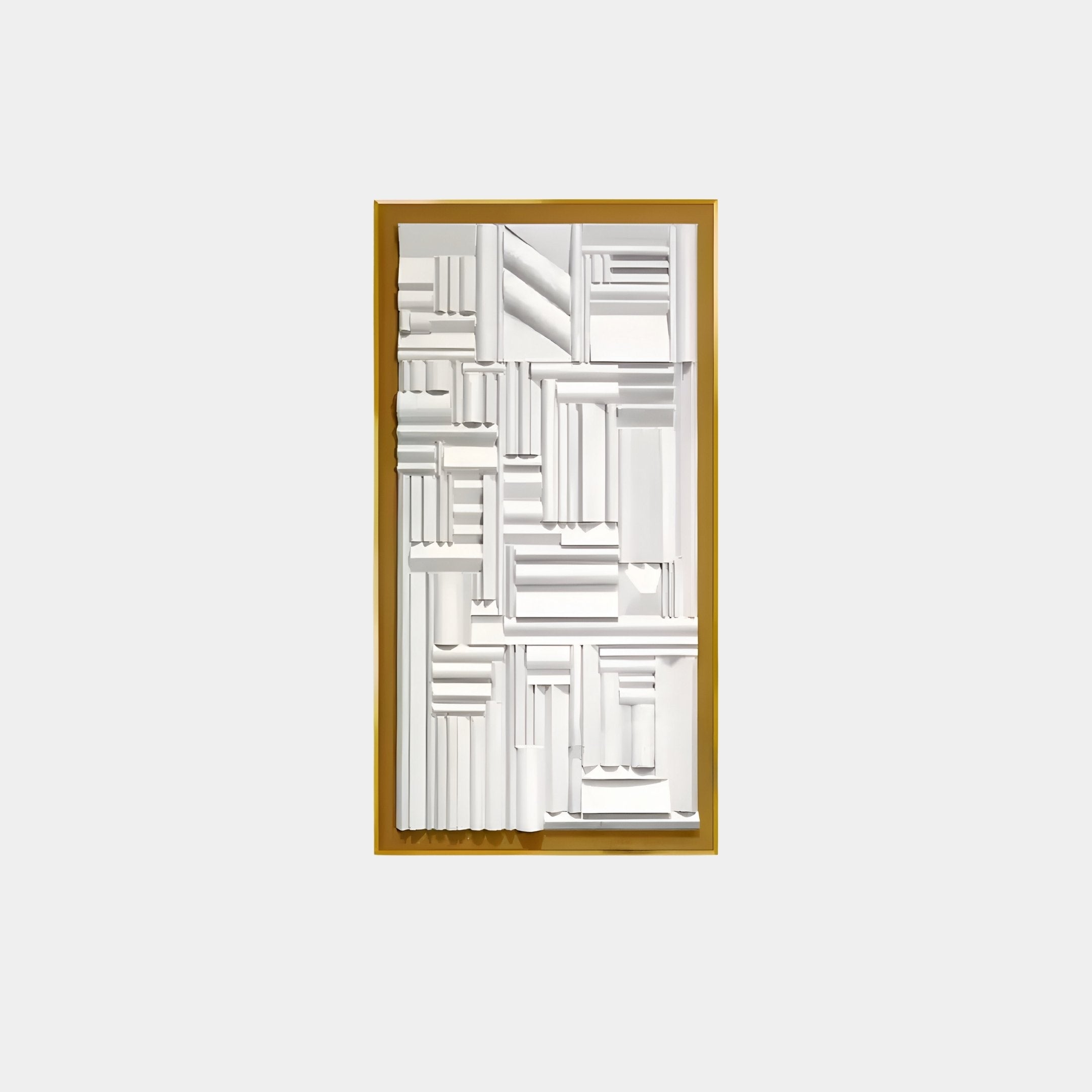 The Forma Gold-Frame White Geometric 3D Wooden Vertical Wall Art by Giant Sculptures features modern craftsmanship with raised white rectangles and squares in a stunning 3D wooden design framed beautifully in gold.