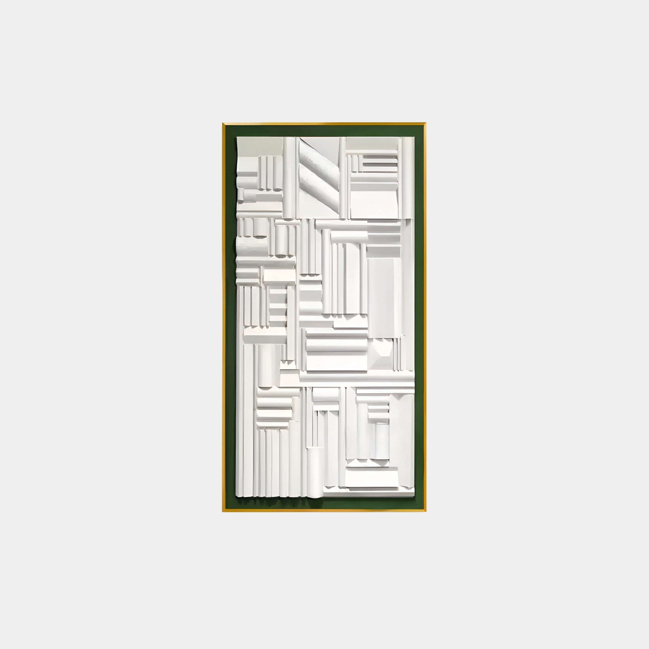 The Forma Green-Frame White Geometric 3D Wooden Vertical Wall Art by Giant Sculptures features a modern and minimalist abstract pattern of white rectangular and square shapes in relief, set against a dark green background with a golden frame, perfect for contemporary interiors.