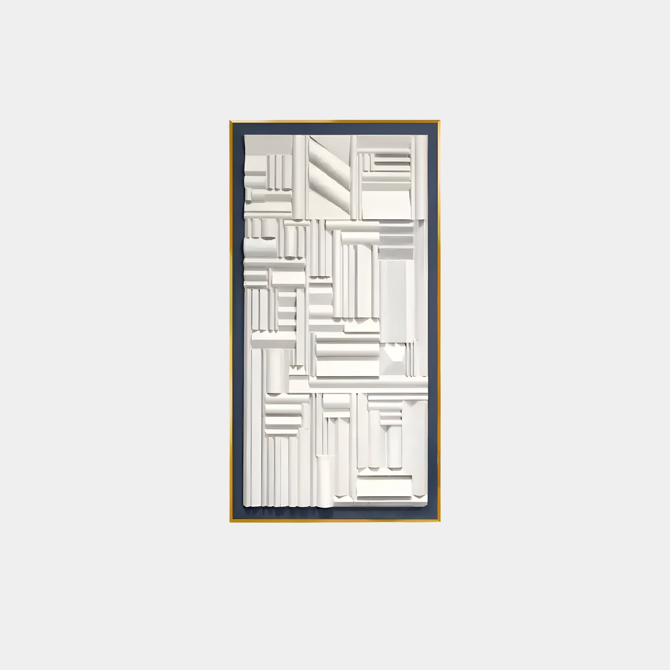 The Forma Blue-Frame White Geometric 3D Wooden Vertical Wall Art by Giant Sculptures showcases abstract raised rectangular and linear shapes in white on a dark background, elegantly framed with a thin aluminium alloy border for contemporary allure.