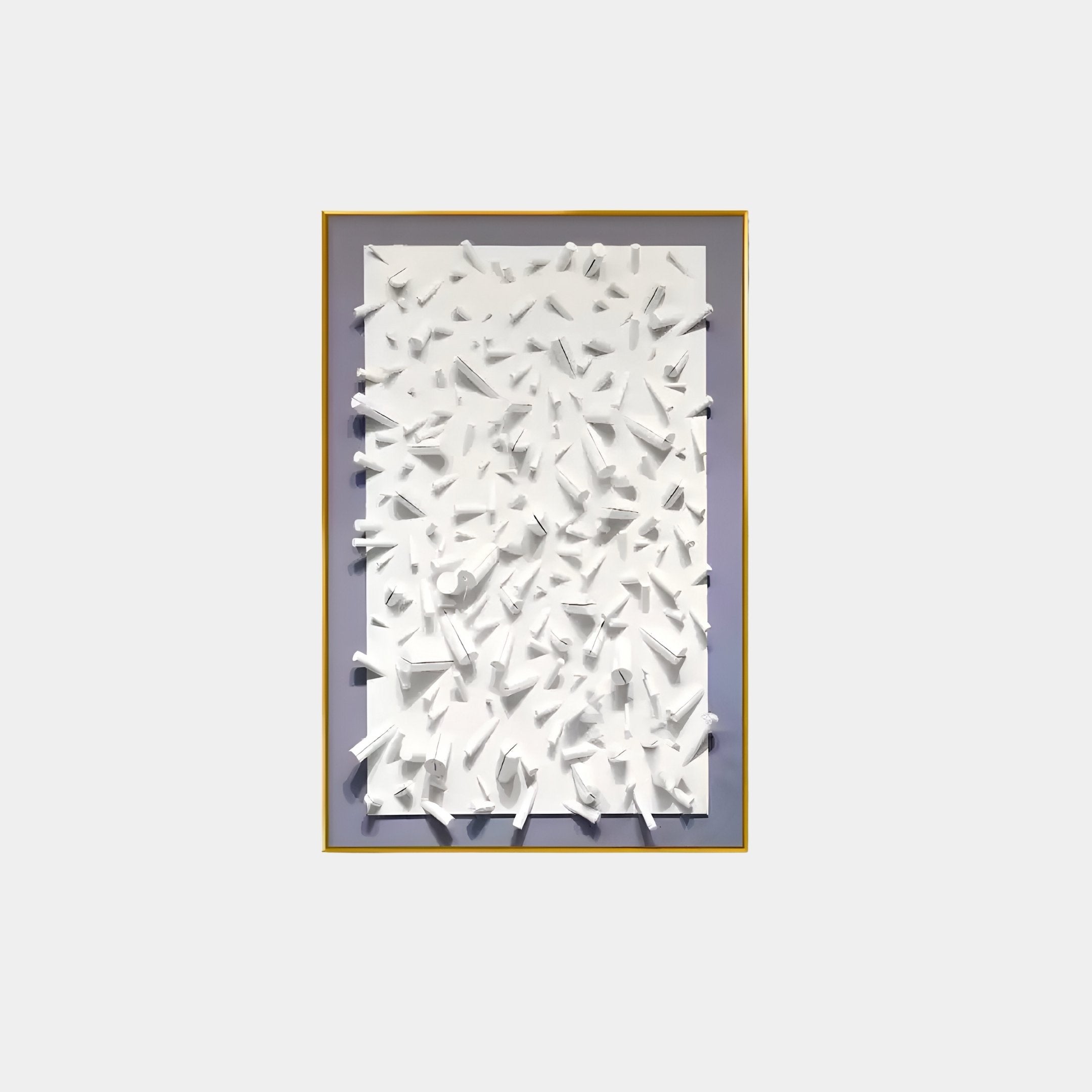 Giant Sculptures presents the Artiora Soft Purple Edge & White Abstract Wooden Shard 3D Wall Art, showcasing a rectangular canvas with white geometric 3D shapes, framed by a gold border against a gray background with a soft purple edge.