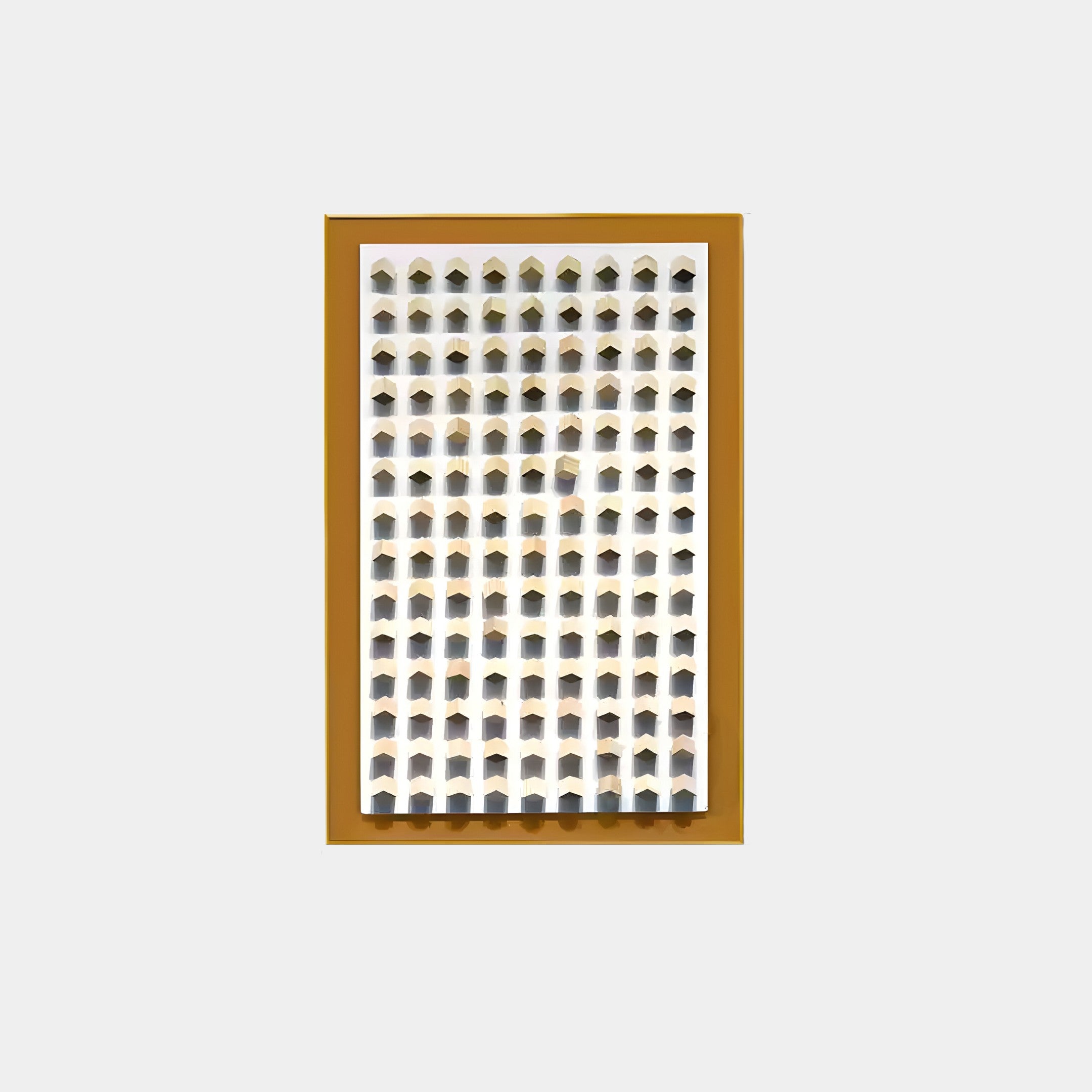 The Artiora Gold Edge & Wood Block Modular Grid 3D Wall Art by Giant Sculptures showcases a beige panel with gold edges and a grid of square cutouts, casting dynamic shadows on a light gray background for a sculptural effect.