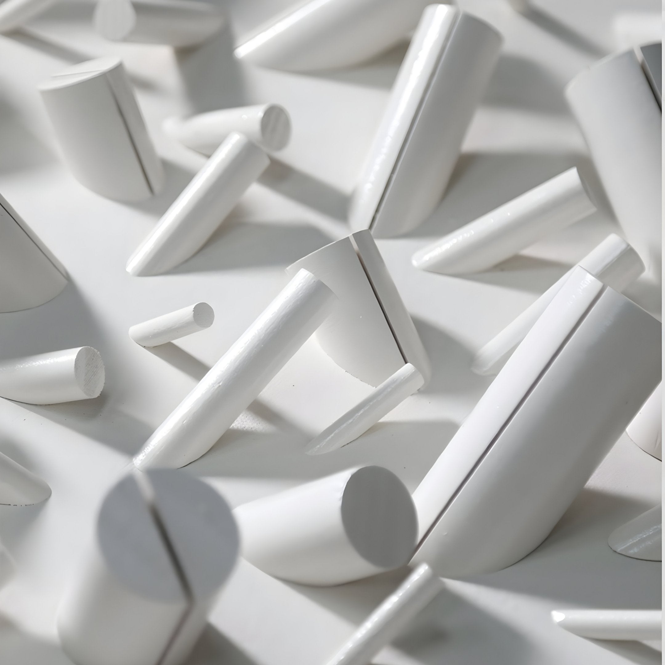 The Artiora White Abstract Wooden Shard 3D Wall Art by Giant Sculptures features an array of white cylindrical and semi-cylindrical shapes scattered on a white surface, creating a mesmerizing play of light and shadow for added depth and texture.