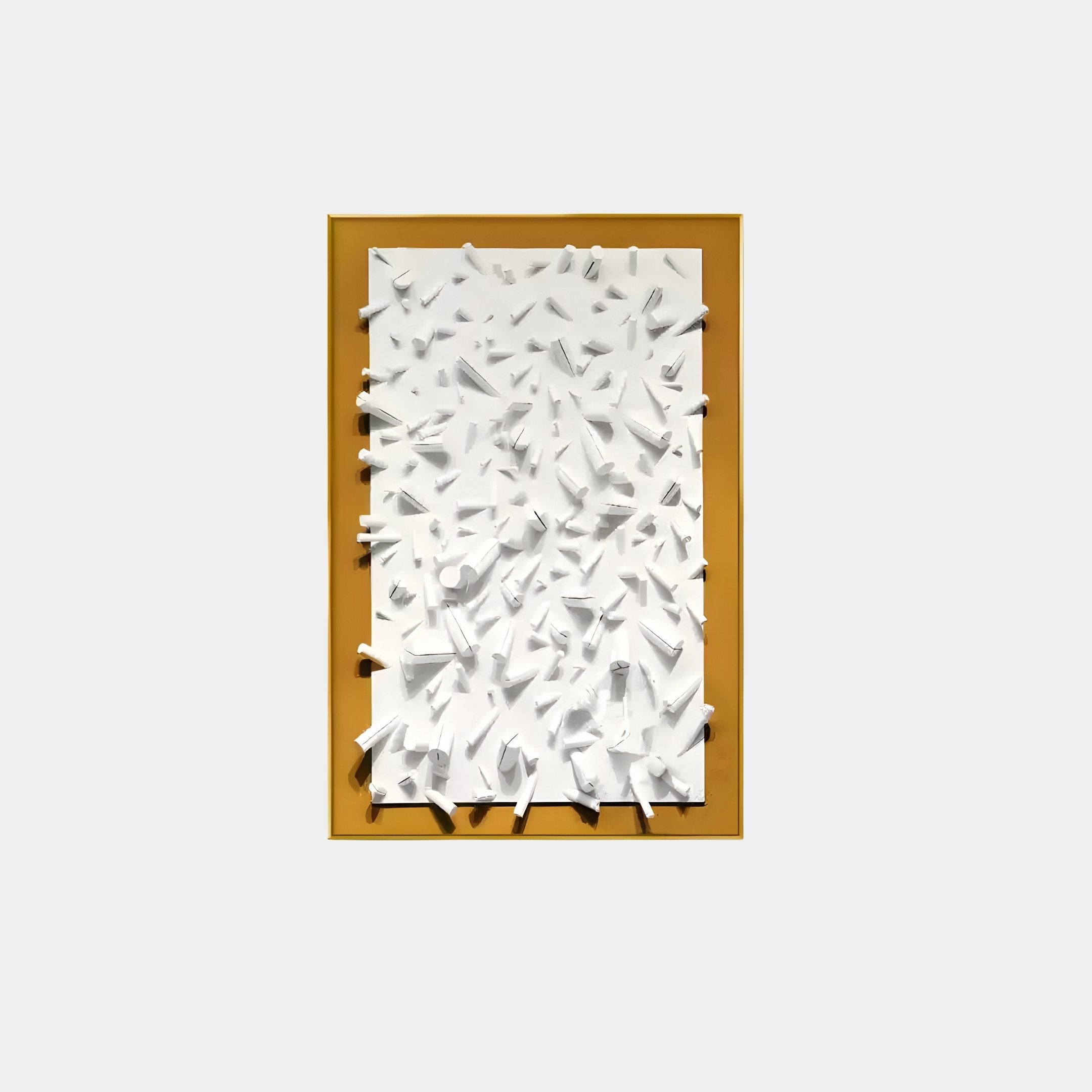 The Artiora Gold Edge & White Abstract Wooden Shard 3D Wall Art by Giant Sculptures features a rectangular design with white canvas and abstract geometric shapes, framed in gold for a striking contrast.