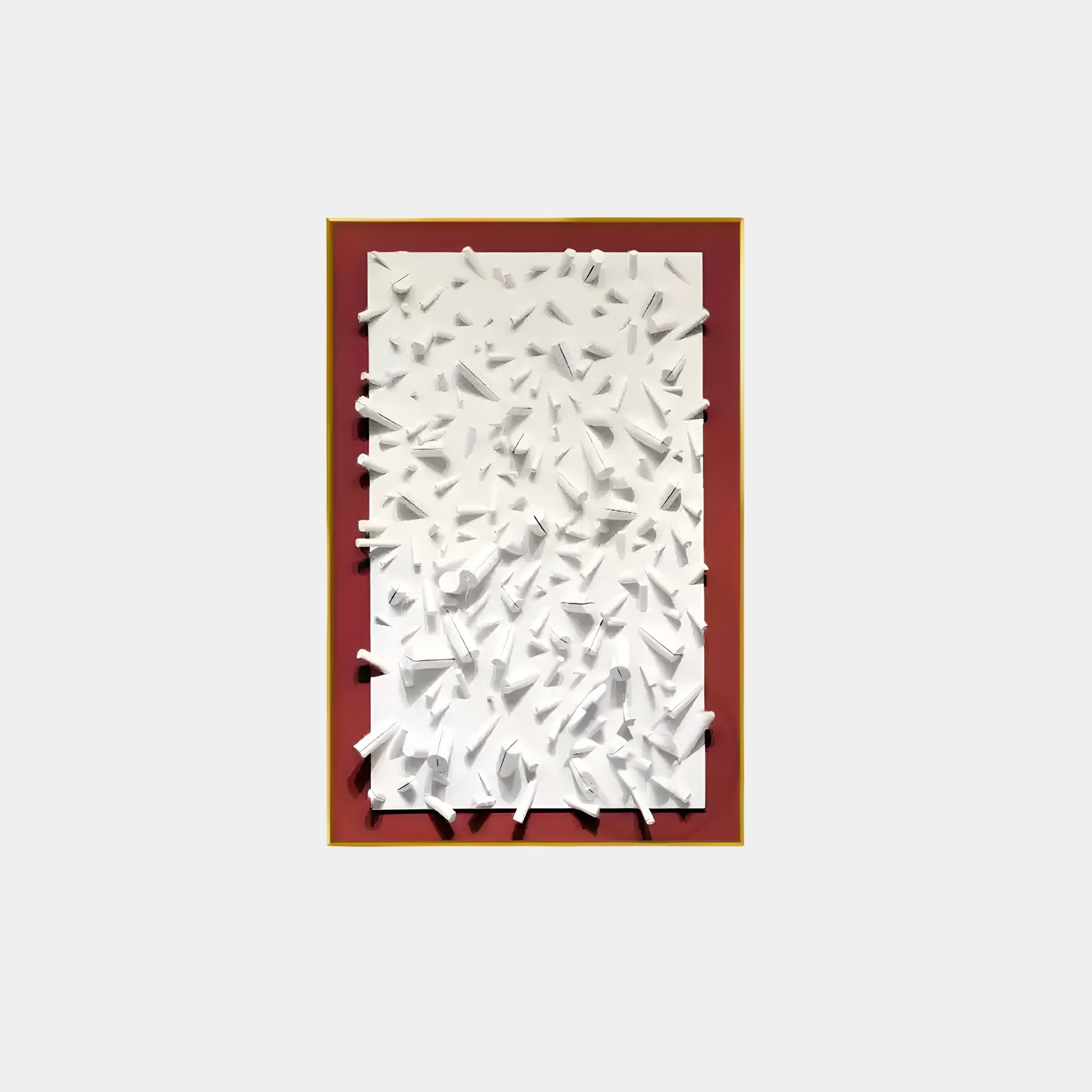 The Artiora Red Edge & White Abstract Wooden Shard 3D Wall Art by Giant Sculptures features white, cone-like shapes on a rectangular surface, set against a brownish-red background with a thin yellow border, perfect for modern interiors.