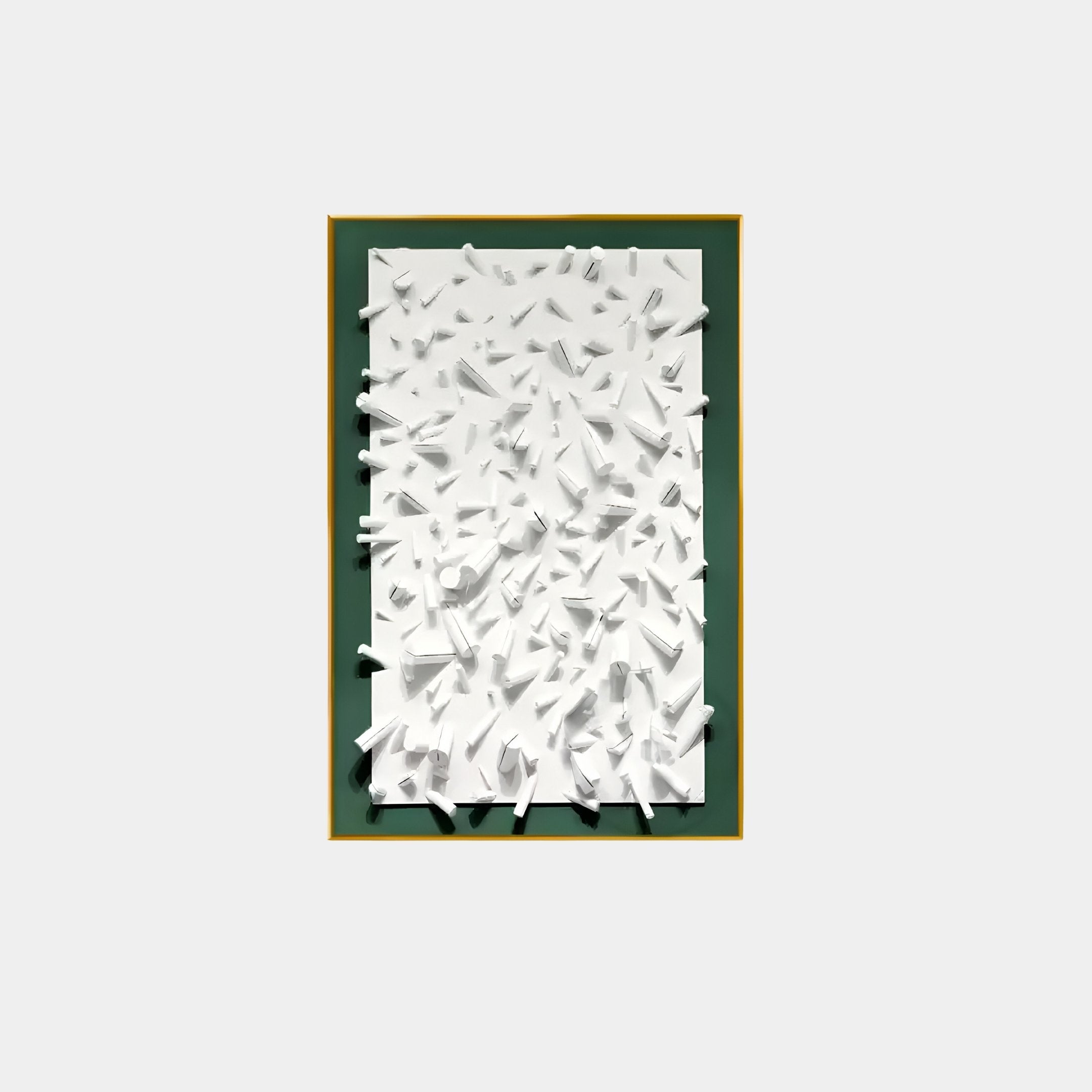 The Artiora Green Edge & White Abstract Wooden Shard 3D Wall Art by Giant Sculptures showcases a white rectangle with angular white shapes like wooden shards, set against a dark green background with a thin gold border, creating stunning 3D wall art.