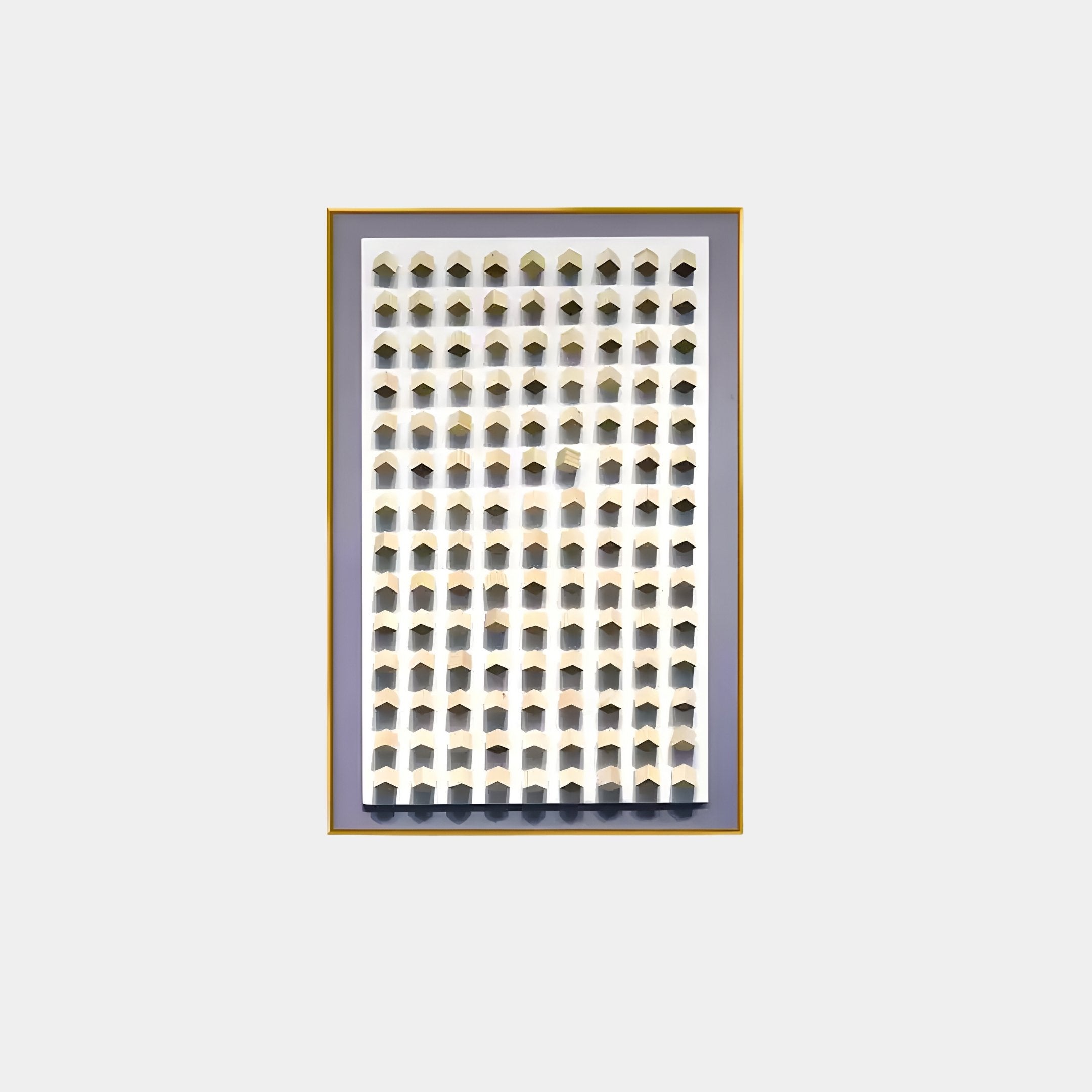 Arranged like modular blocks, the Artiora Soft Purple Edge & Wood Block Modular Grid 3D Wall Art by Giant Sculptures features small house-shaped objects on a white board with a yellow border against a light gray background.