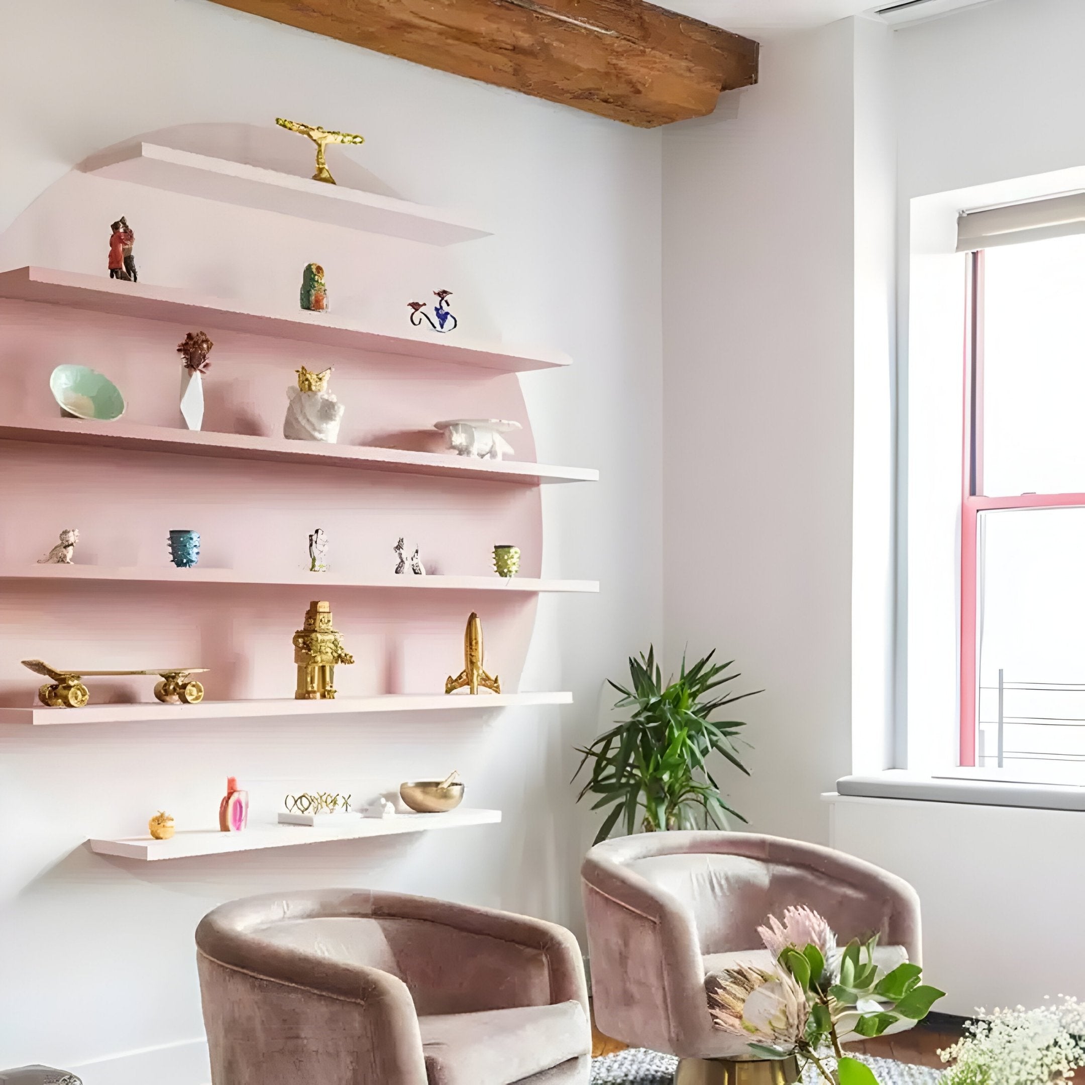 The room showcases the Orbis Pink Circular Multi-Tier Decorative Shelf by Giant Sculptures, adorned with various decorations. Plush armchairs and a small round table with flowers sit below, while natural light from a large window to the right brightens the room and highlights the pink accents.