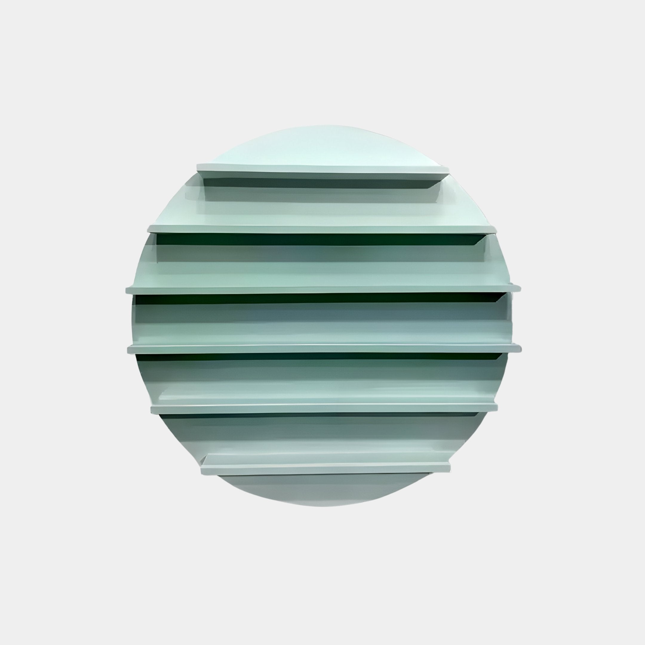 The Orbis Mint Circular Multi-Tier Decorative Shelf by Giant Sculptures, in mint-green, features a minimalist design with six evenly spaced curved tiers, elegantly set against a plain white background.