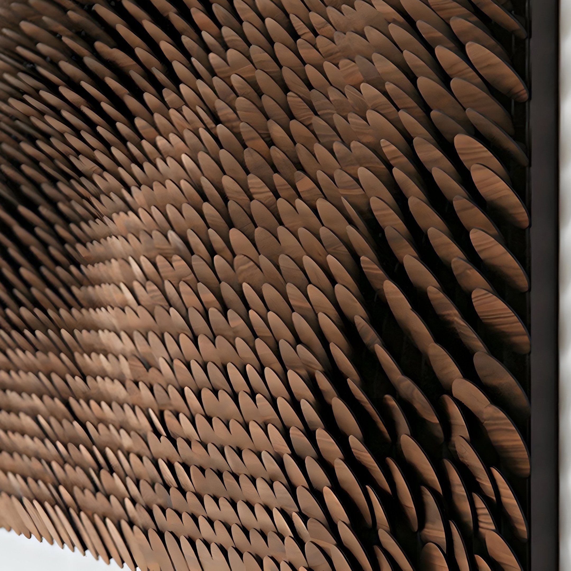 The Serica Brown Scale Textured Horizontal 3D Wooden Wall Art by Giant Sculptures showcases interlocking tiles in a wave-like pattern. The natural wood grain creates a vibrant texture, and the neutral background accentuates its rich tones.