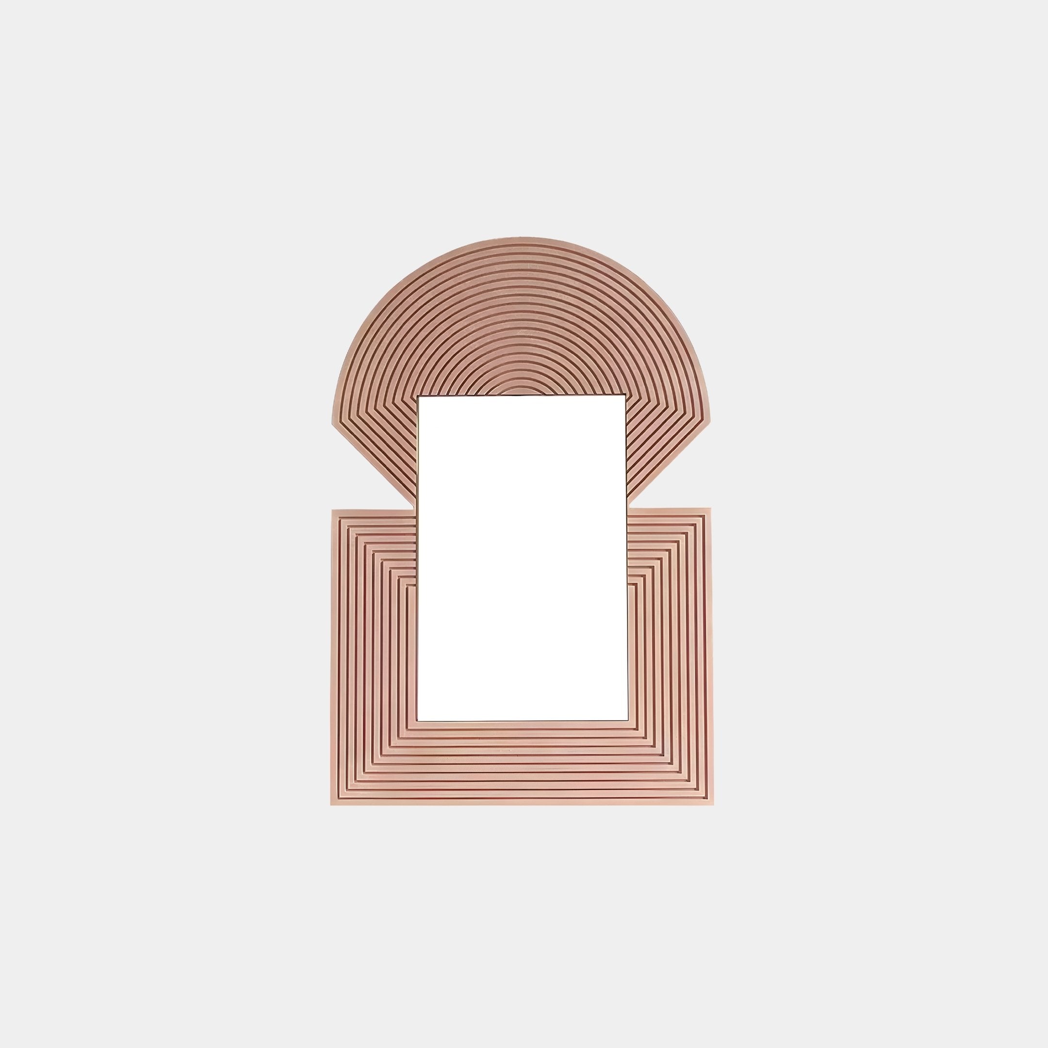 The Aurellis Pink Arch & Square Geometric Mirror Frame Wall Art by Giant Sculptures features a rectangular mirror in a contemporary design with geometric, concentric semicircles above and rectangles below. Crafted from durable light brown wood, it offers a modern aesthetic.