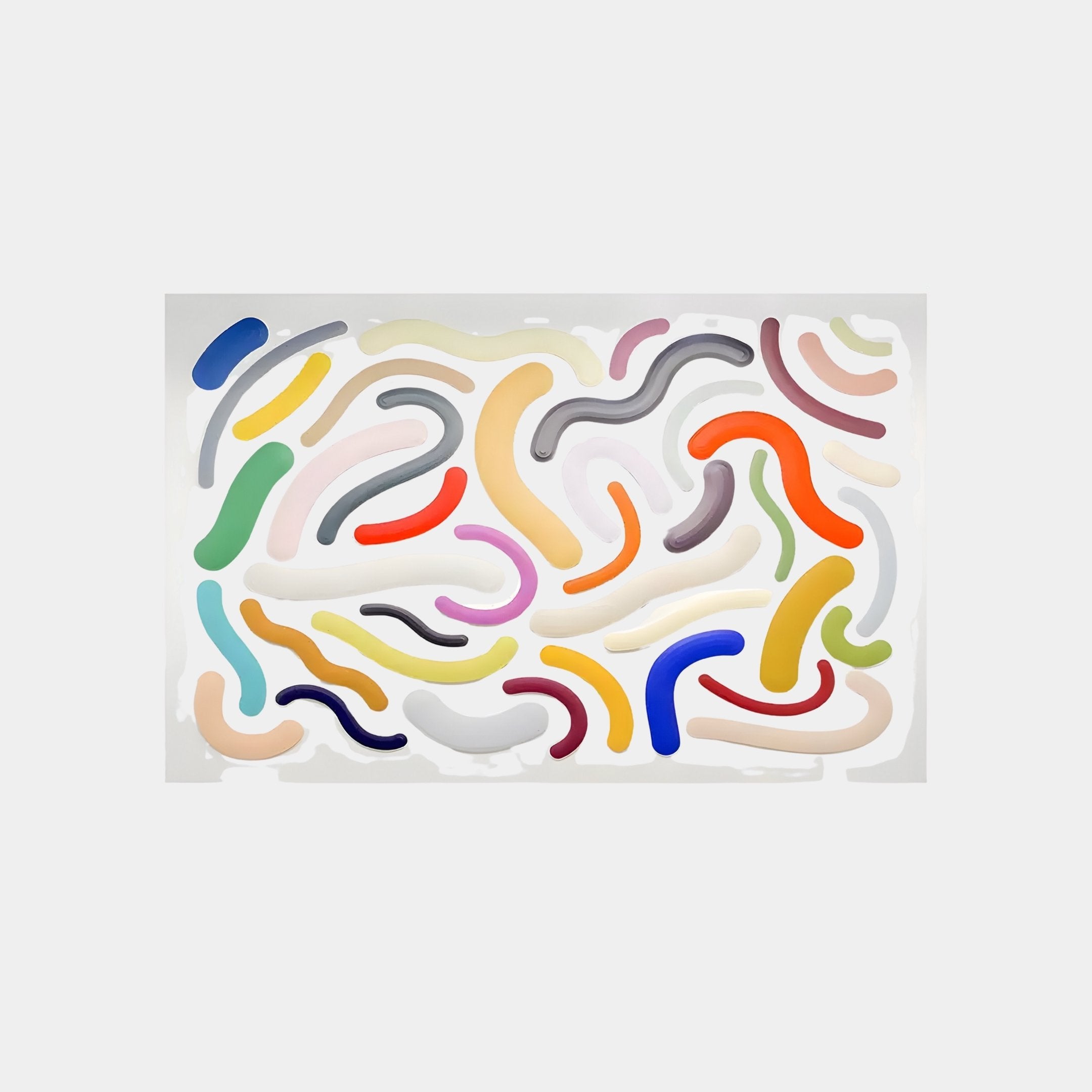 The Chromisma Multicolour Abstract Curves 3D Wall Art by Giant Sculptures features hand-painted, colorful, curved, and elongated shapes on a light background for a playful and dynamic design.