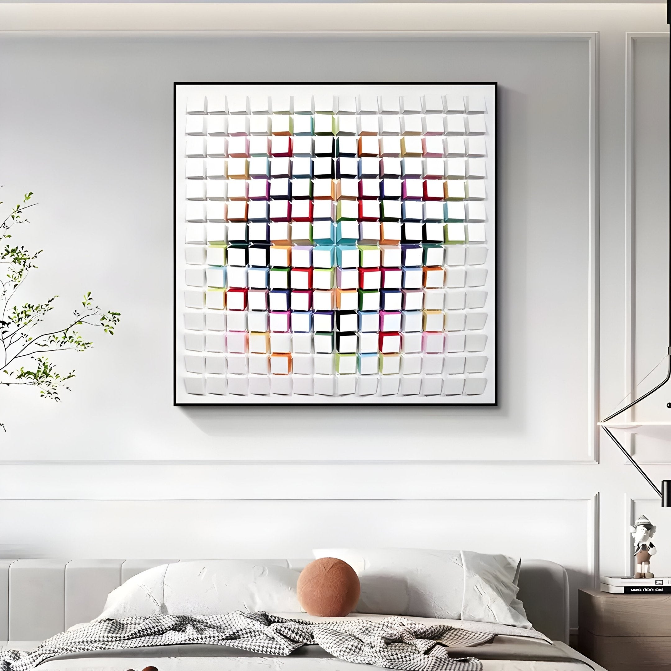 A modern bedroom features a Prismatrix Multicolor Geometric Wood Collage 3D Wall Art by Giant Sculptures above the bed, with a white duvet and an orange pillow. The minimalist design includes white walls and is complemented by a small plant nearby.