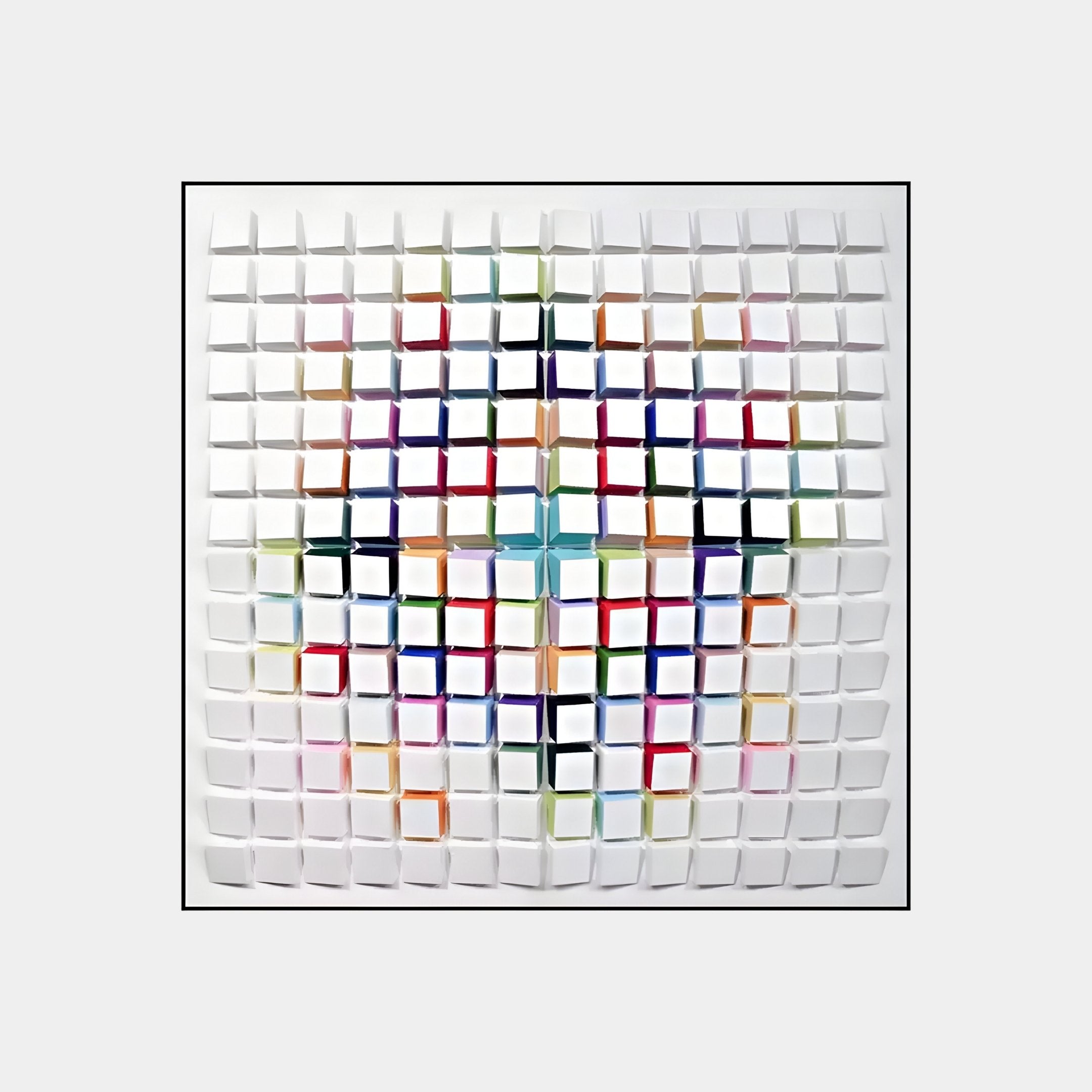 The Prismatrix Multicolor Geometric Wood Collage 3D Wall Art by Giant Sculptures features an abstract grid of raised white squares with a vibrant geometric pattern in blue, red, green, purple, and orange hues, resembling a stunning three-dimensional mosaic.