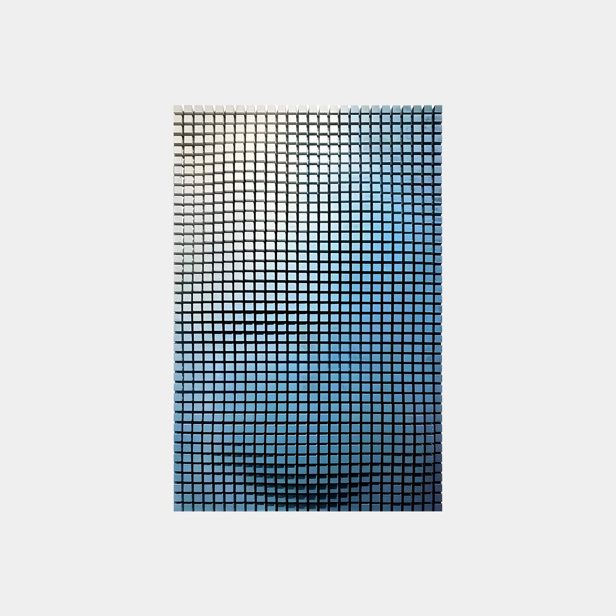 The Reflexion Blue Gradient Cube Mosaic 3D Wooden Wall Art by Giant Sculptures showcases an abstract human face using small, reflective square tiles. This modern minimalist piece transitions from light gray to dark blue, creating a 3D effect on a white background.