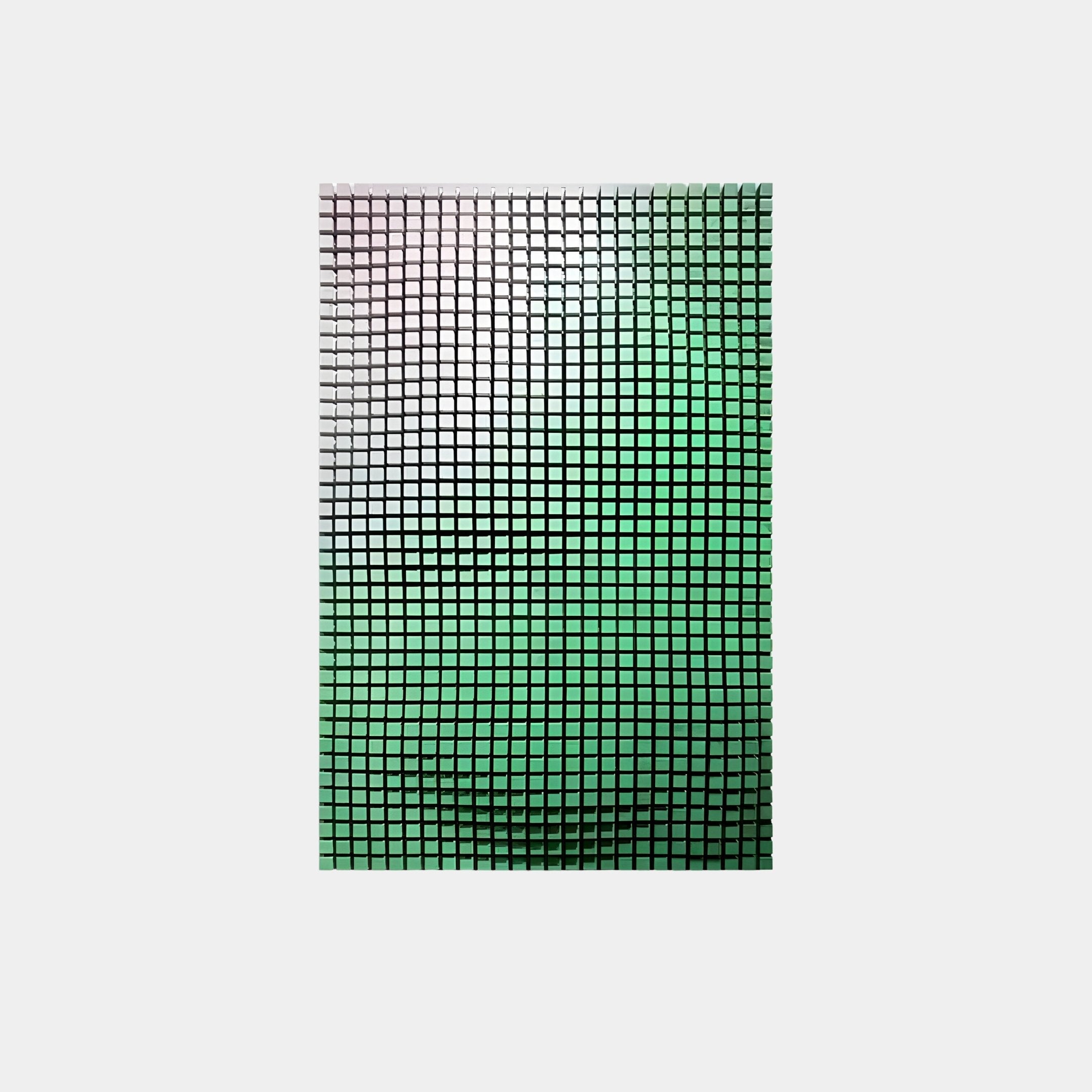 The Reflexion Green Gradient Cube Mosaic 3D Wooden Wall Art by Giant Sculptures features a vertical grid of small squares, creating a cube mosaic with dark-to-light green gradient effects on a subtle green background.