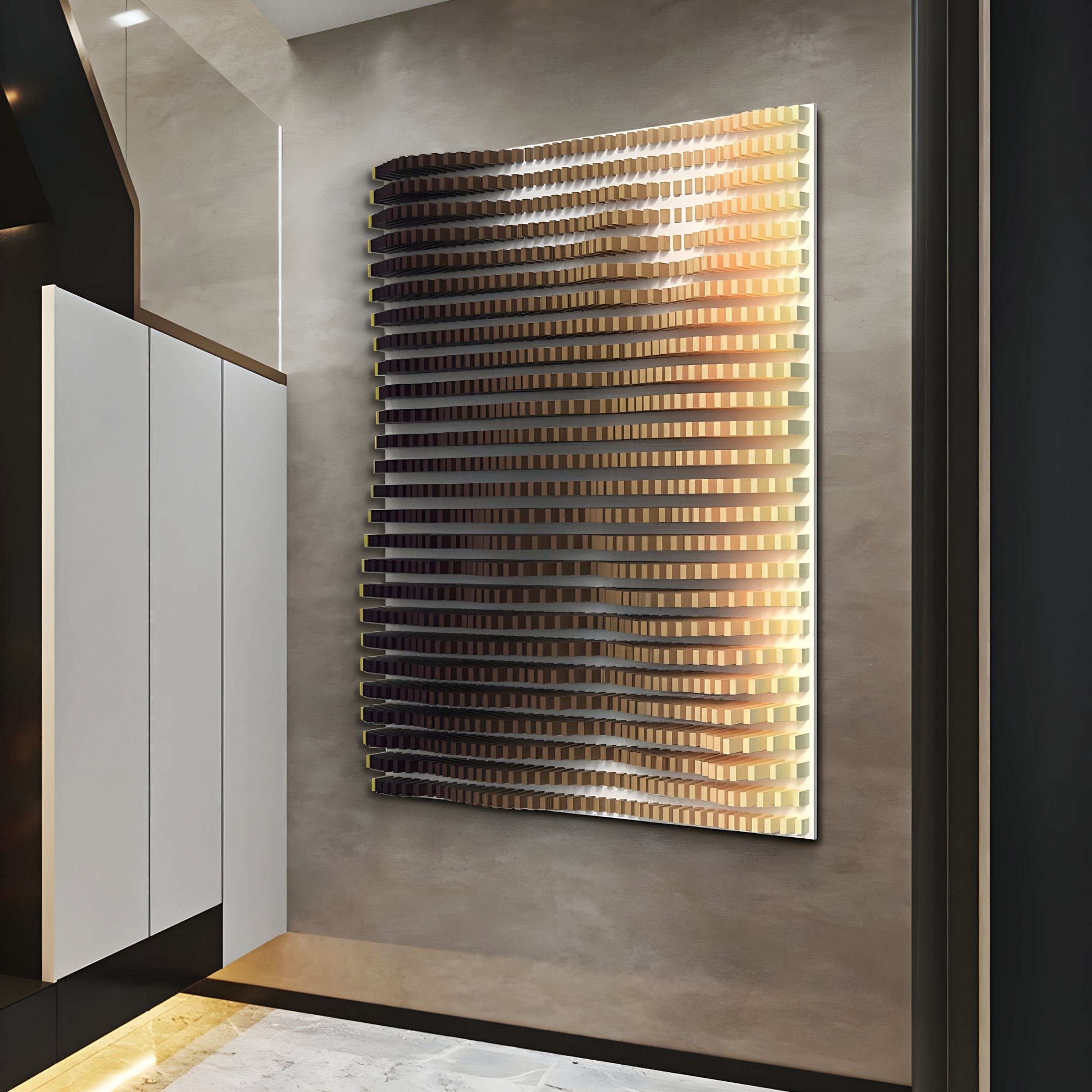 The Wavluxe Gradient Sunset Hues Wood Mosaic 3D Wall Art by Giant Sculptures displays horizontal rows of layered, reflective panels in black, brown, and gold. Backlit to evoke gradient sunset hues, it adds depth and movement to modern interiors.