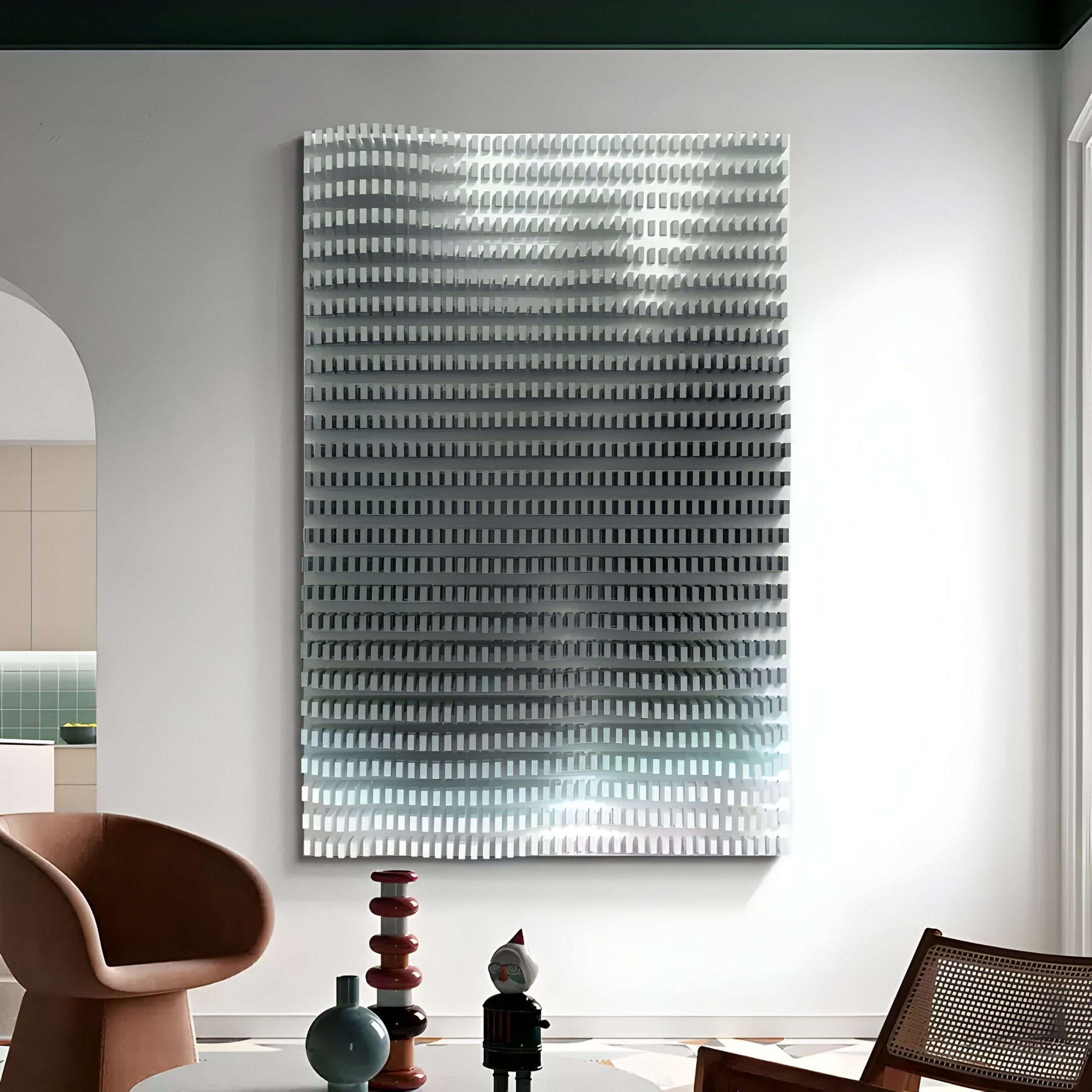 A modern living room features the Wavluxe Gradient Silver Wood Mosaic 3D Wall Art by Giant Sculptures, adding contemporary flair. It includes a brown chair, a wooden chair, floor vases, and an archway to a kitchen with light cabinetry.