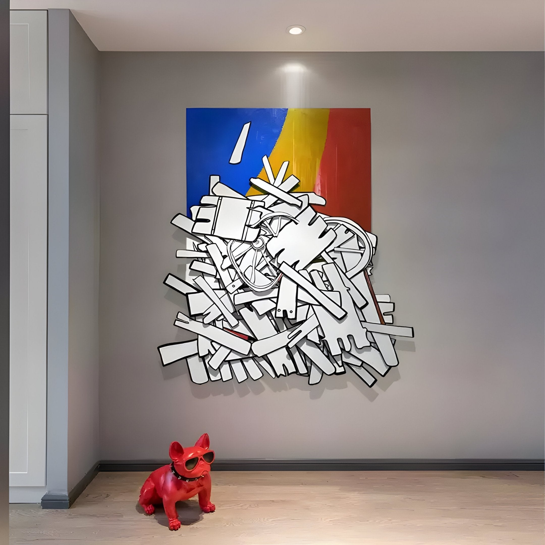 The Assemblia Multicoloured Hand-Painted Wood Graffiti Wall Art by Giant Sculptures displays abstract white shapes on a vibrant blue and yellow background, hanging on a gray wall. Below, a red dog statue wearing sunglasses adds 3D graffiti flair as it sits on the wooden floor.