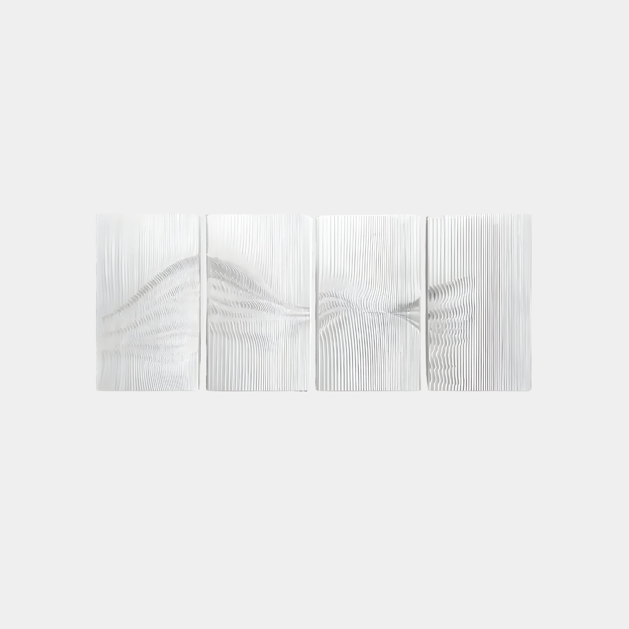 Giant Sculptures Harmonic Forms 4-Panel White Wood Carving 3D Wall Art features textured, wavy panels in a minimalist design, creating an optical illusion with varying white patterns.