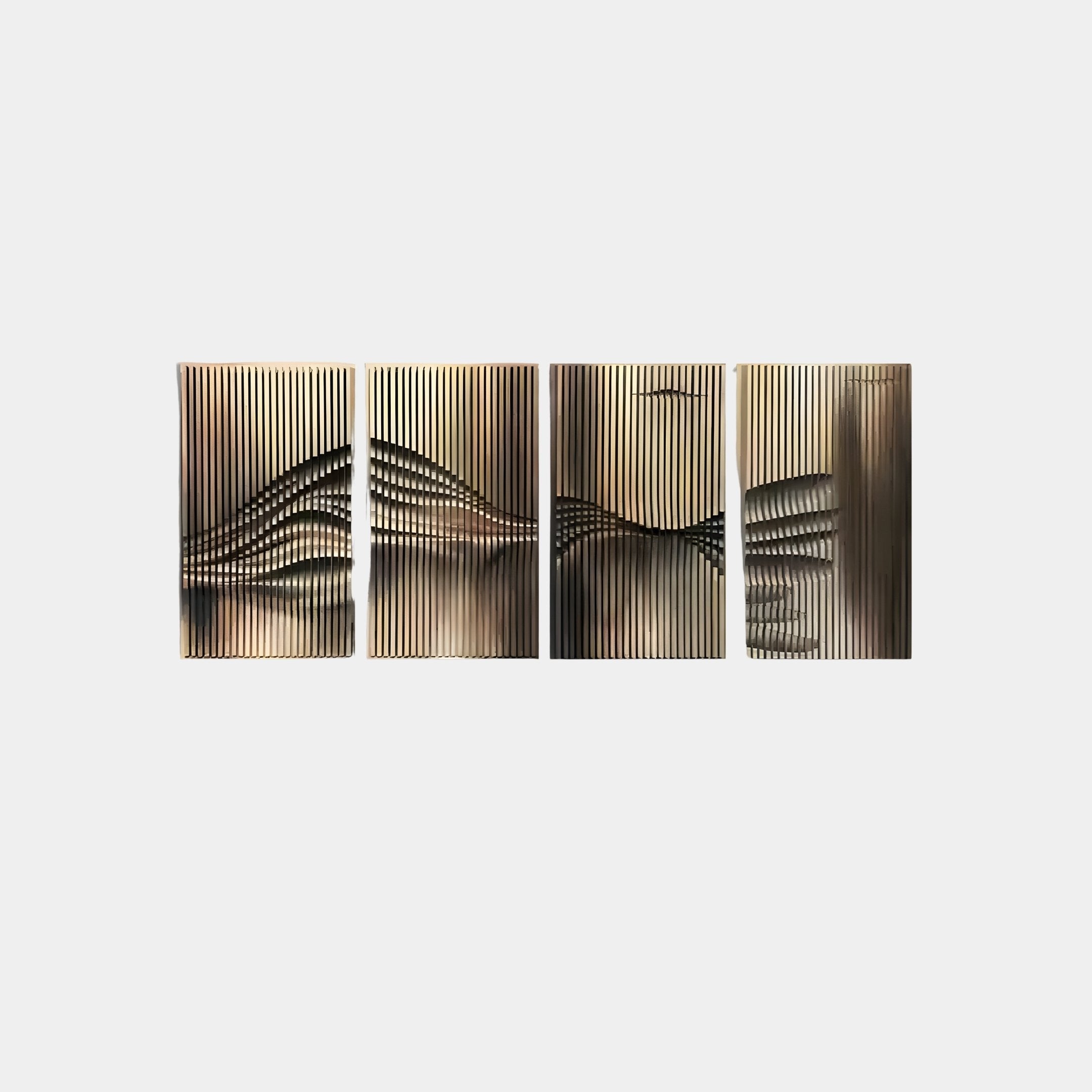 The Harmonic Forms by Giant Sculptures is a 4-panel wall art with wavy lines in varying thickness, blending black, gold, and rustic bronze for an abstract landscape effect.