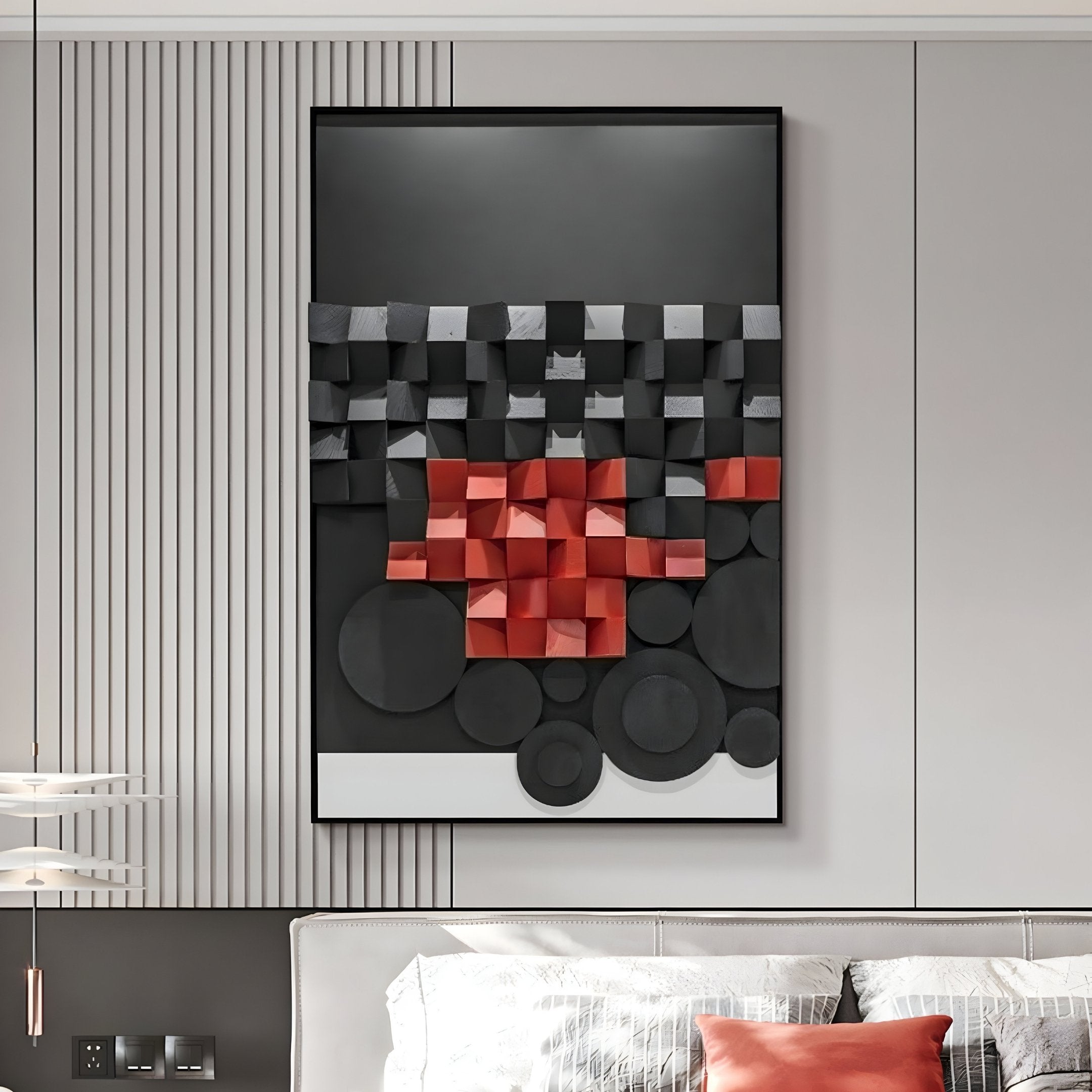 The Obscura Black & Red Geometric 3D Wooden Wall Art by Giant Sculptures adorns the wall above the bed, showcasing black, red, and gray cubes and circles. Its 3D wooden effect enhances depth and dimension in the minimalist bedroom decor.