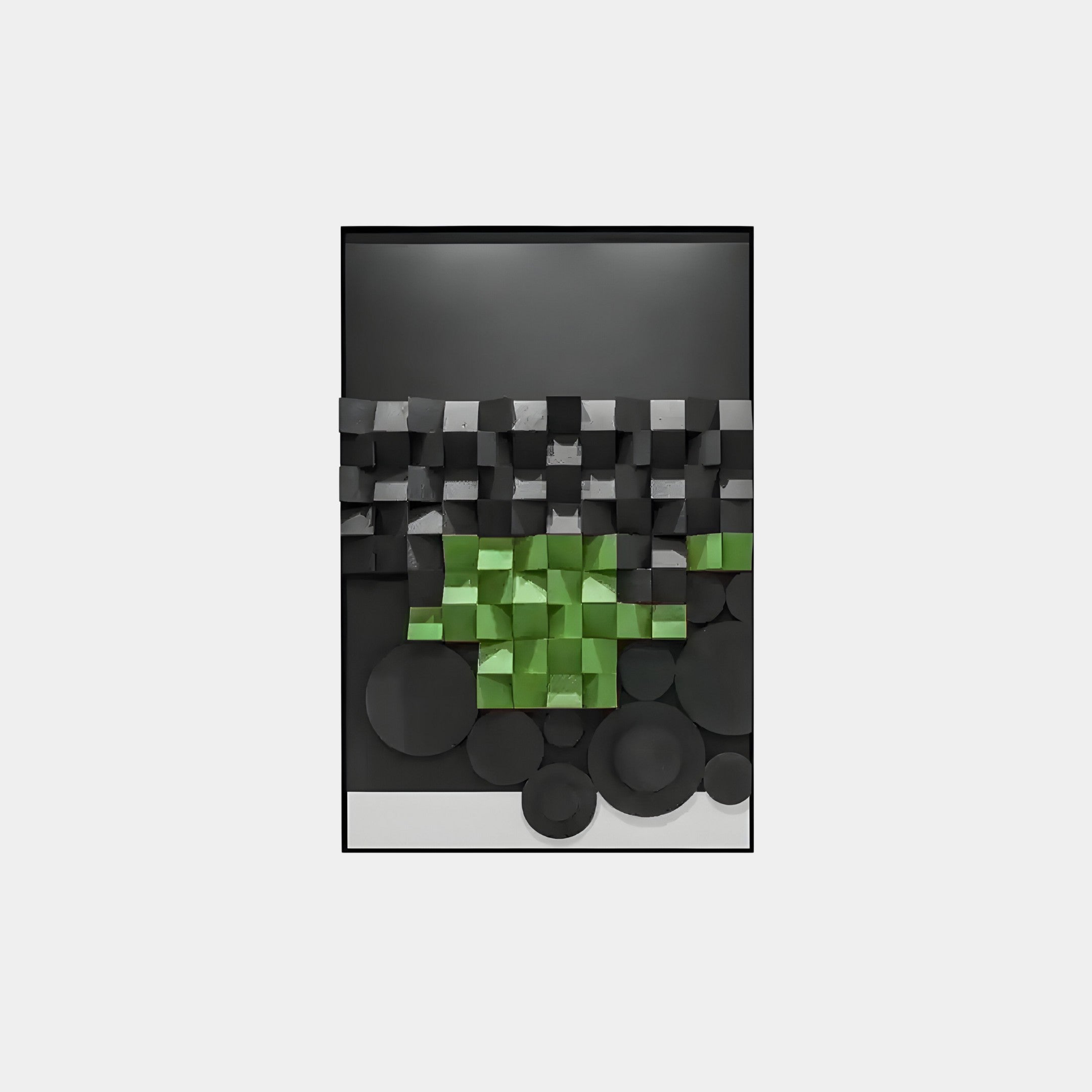 The Obscura Black & Green Geometric 3D Wooden Wall Art by Giant Sculptures features black and gray cubes on top with vibrant green cubes in the lower center, accented by large black circles at the bottom—perfect for modern interiors.