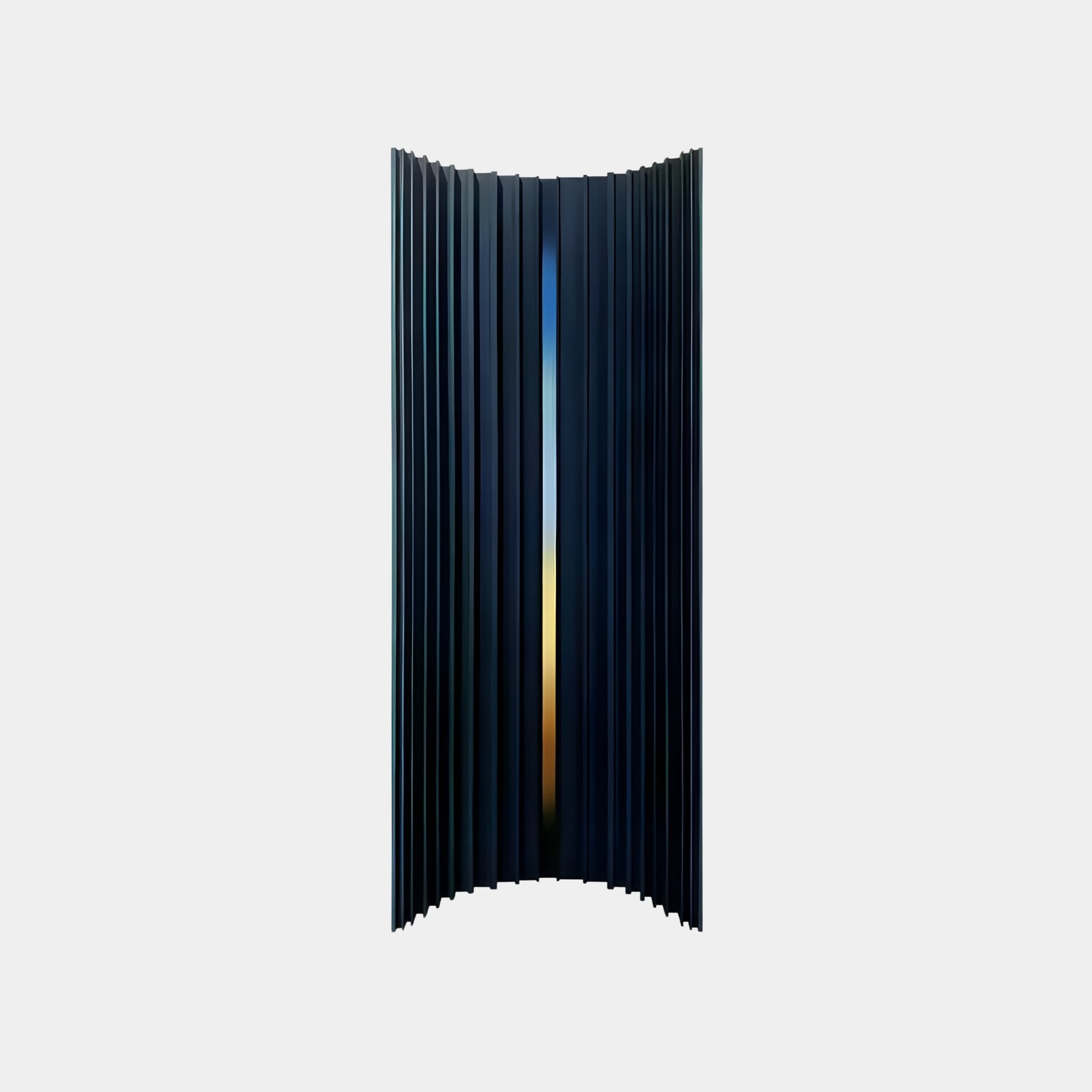 The Illumina Blue Vertical Gradient Wooden Hand-Painted 3D Wall Art by Giant Sculptures showcases a ribbed metallic panel with wooden slats, a narrow central opening, and slight curves revealing the blue-to-orange gradient against a white background.