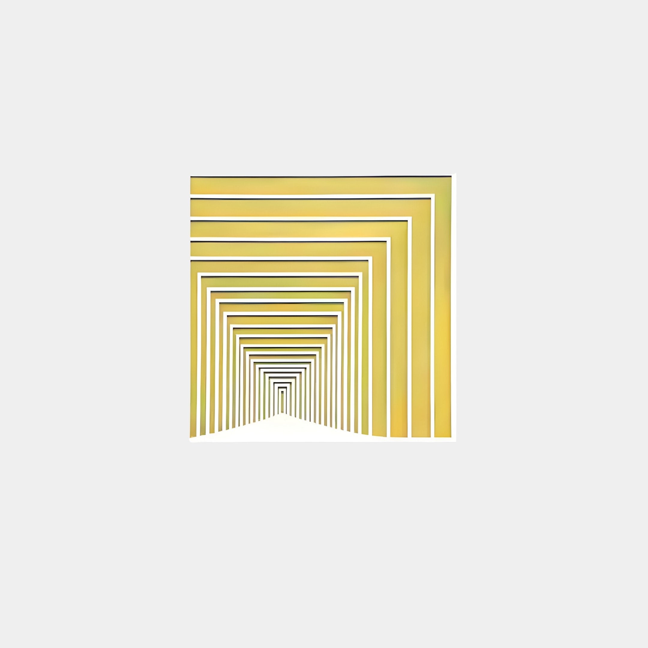 The Prismalux Yellow Wood Carving Hand-Painted 3D Wall Art by Giant Sculptures showcases art with smaller concentric yellow rectangles and white borders on a light gray background, creating an optical illusion of depth that appears almost hand-painted.