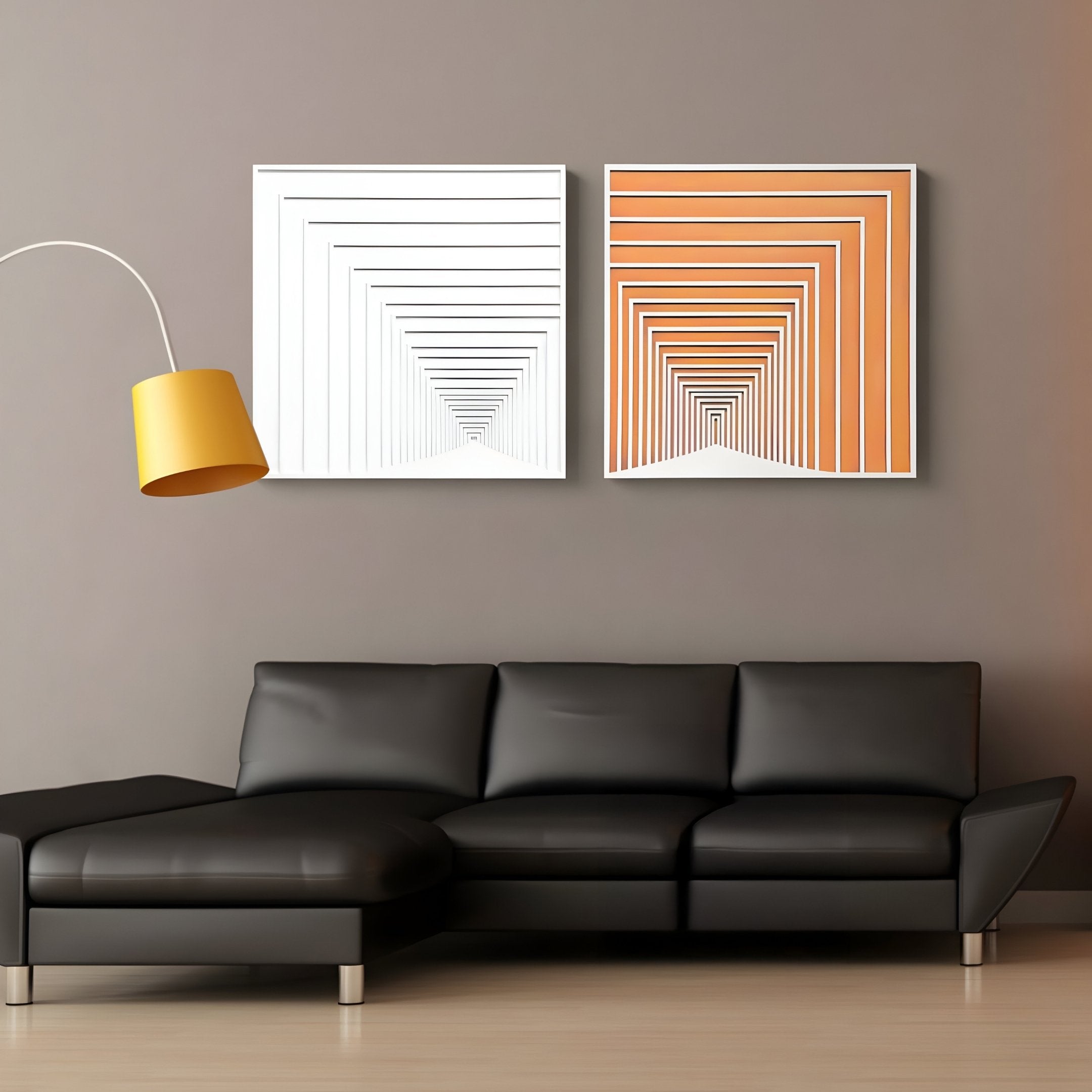 A modern living room includes a black sectional sofa, a yellow floor lamp, and two pieces of 3D wall art from Giant Sculptures. The artworks feature geometric overlaps—one white and the other is the Prismalux Orange Wood Carving Hand-Painted 3D Wall Art—against a gray wall.