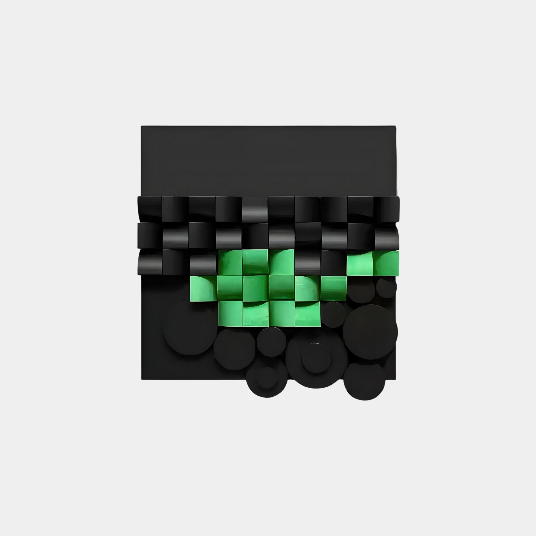 Giant Sculptures Nocturna Black & Green Modular Wooden Hand-Painted 3D Wall Art boasts a modern design with geometric black squares and circles. The center rows green raised squares create a striking pattern against the dark background, exemplifying exquisite 3D artistry.