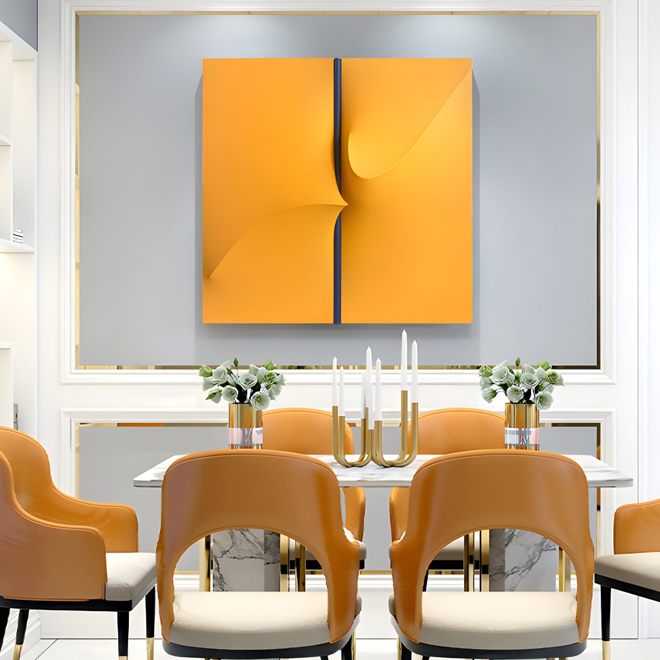 A modern dining room showcases orange chairs around a white marble table with candles and flowers, while the gray wall with decorative trim features the Delinea Yellow Stretch Fabric 3D Wood Relief Wall Art by Giant Sculptures, adding textural depth and elegance to the space.