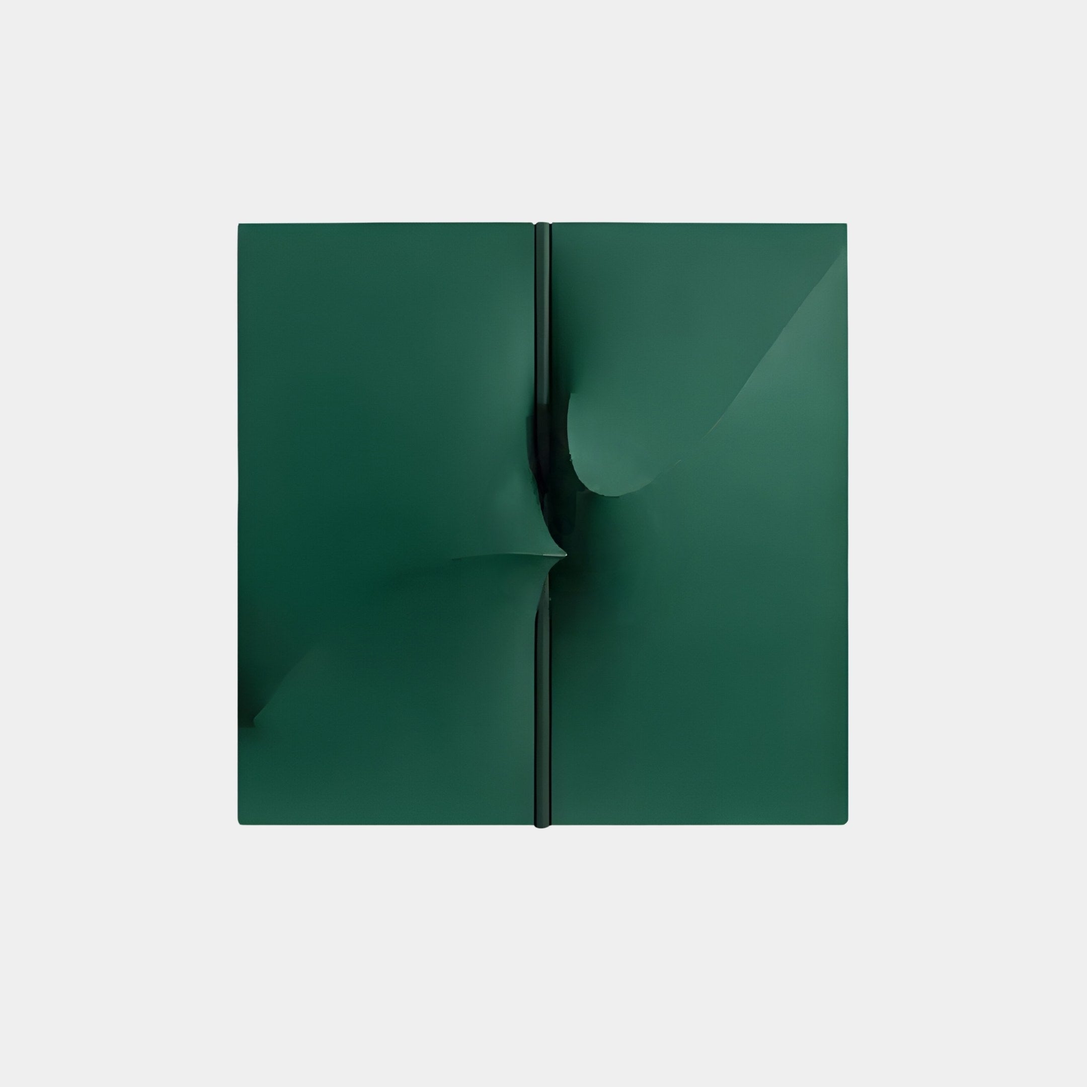 The Delinea Green Stretch Fabric 3D Wood Relief Wall Art by Giant Sculptures features a minimalist green square panel with curved, overlapping edges converging at the center, creating a symmetrical and abstract design against a plain background for an intriguing visual delight.