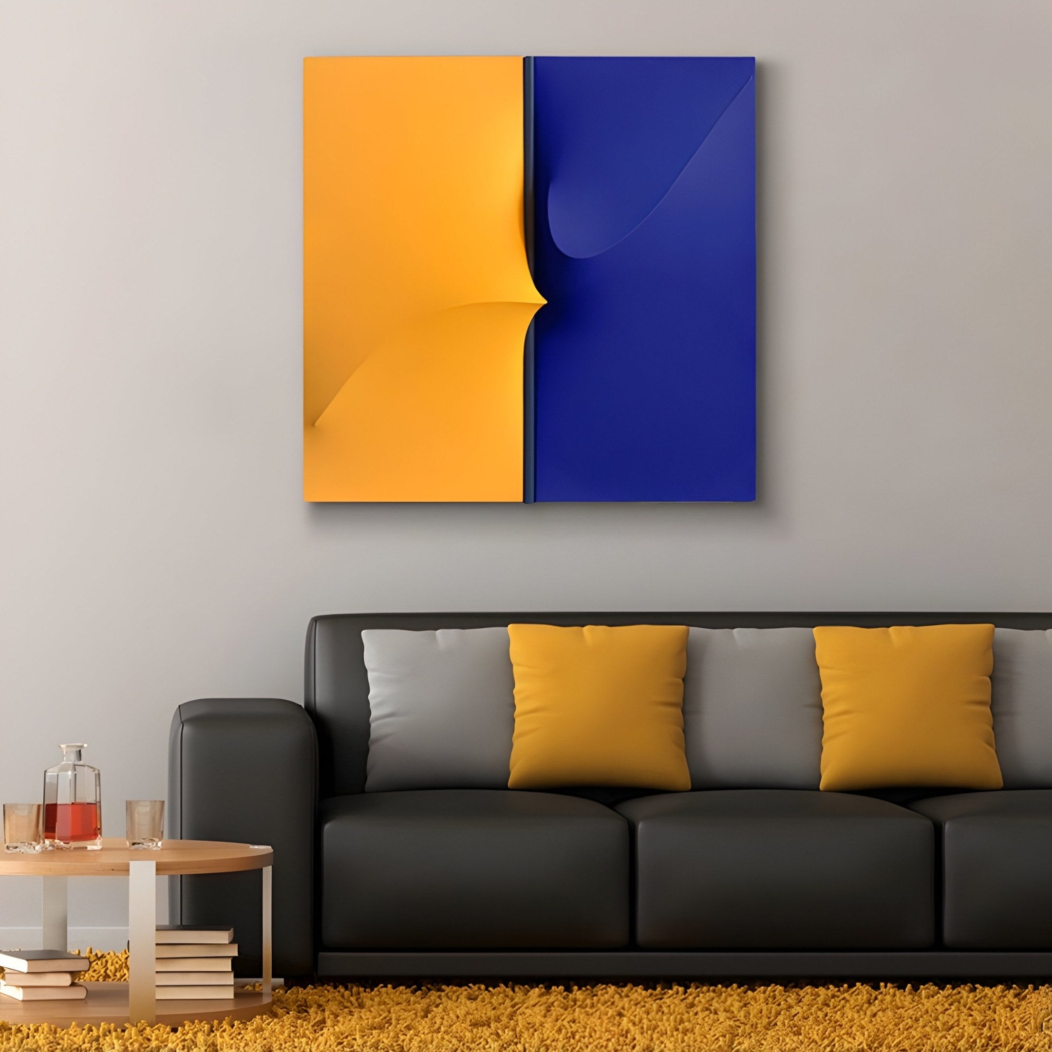 A modern living room features a black couch with yellow and gray cushions. Above, the Delinea Dual Contrast Yellow & Blue Fabric 3D Wood Relief Wall Art by Giant Sculptures is captivating. A round table has a glass and carafe, while a textured rug stretches below, completing the inviting atmosphere.