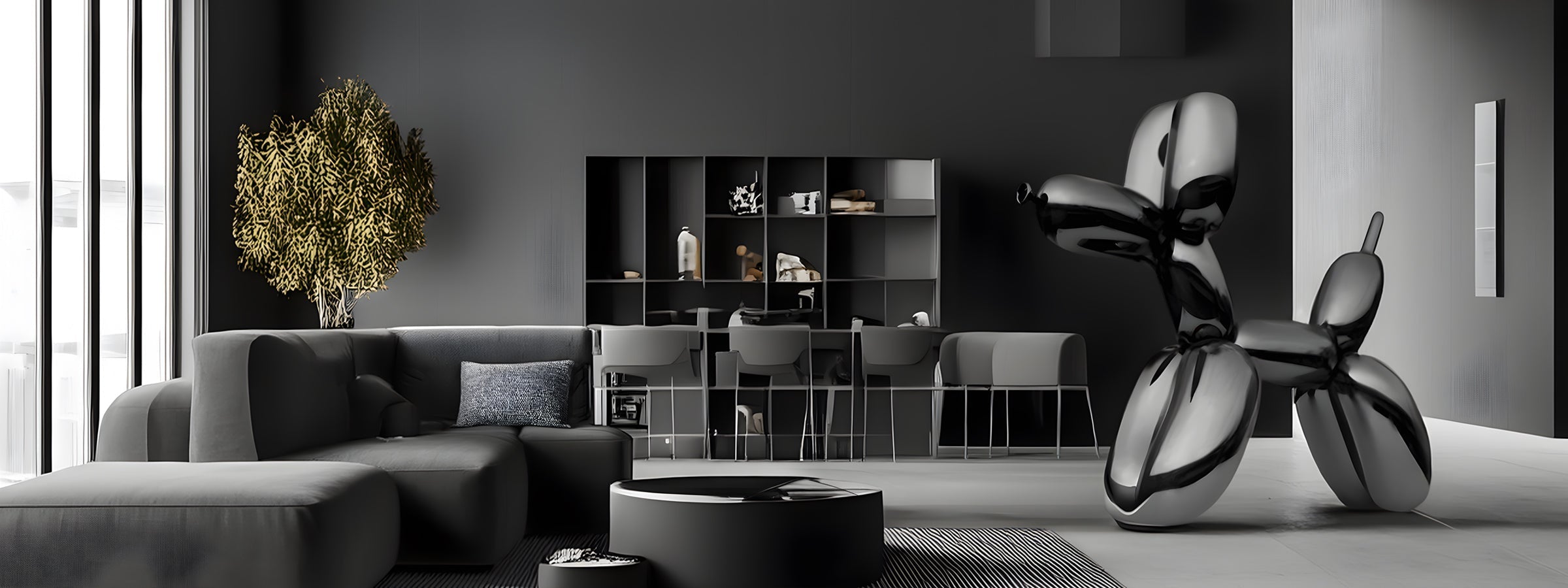 Modern interior with a giant dog sculpture in Onyx Black. The 200cm sculpture adds a bold, artistic statement to the sleek, minimalist space, enhancing the overall aesthetic of luxurious interiors.