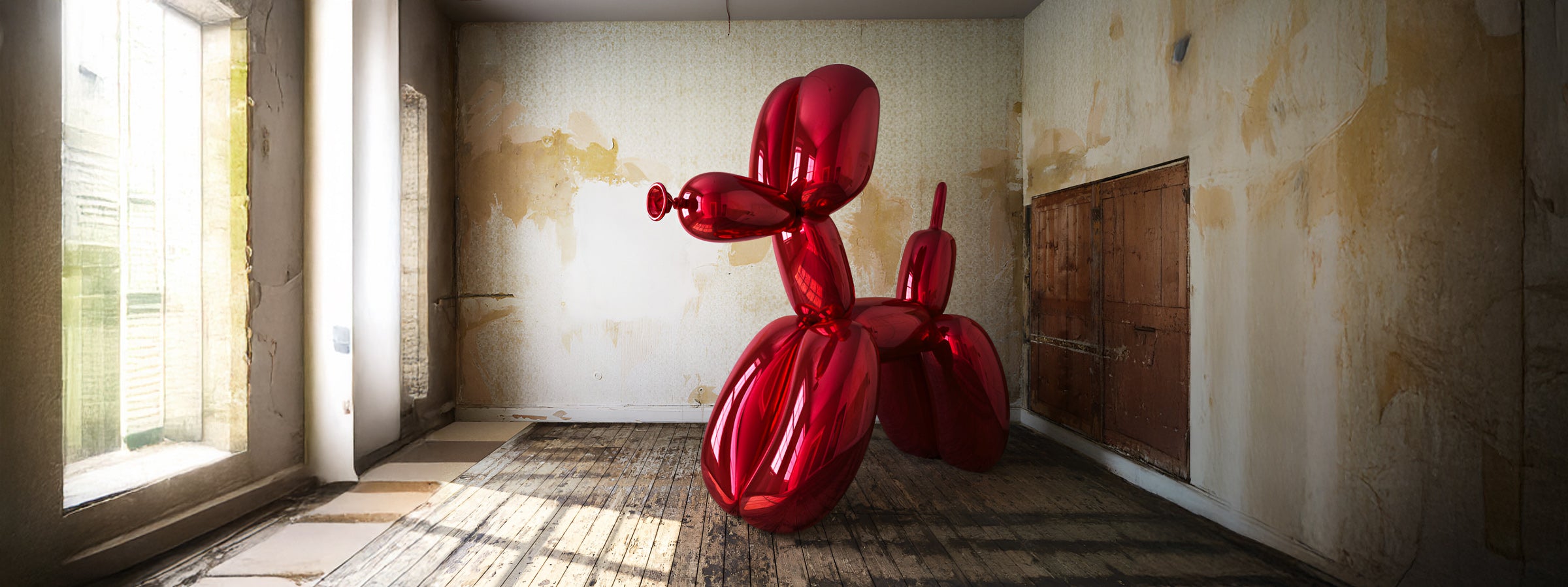 Large 240cm fire red dog sculpture resembling a balloon animal, with a glossy finish, displayed in a weathered room with peeling walls and worn wooden flooring. The sculpture stands prominently near a large window, reflecting light on its vibrant surface.