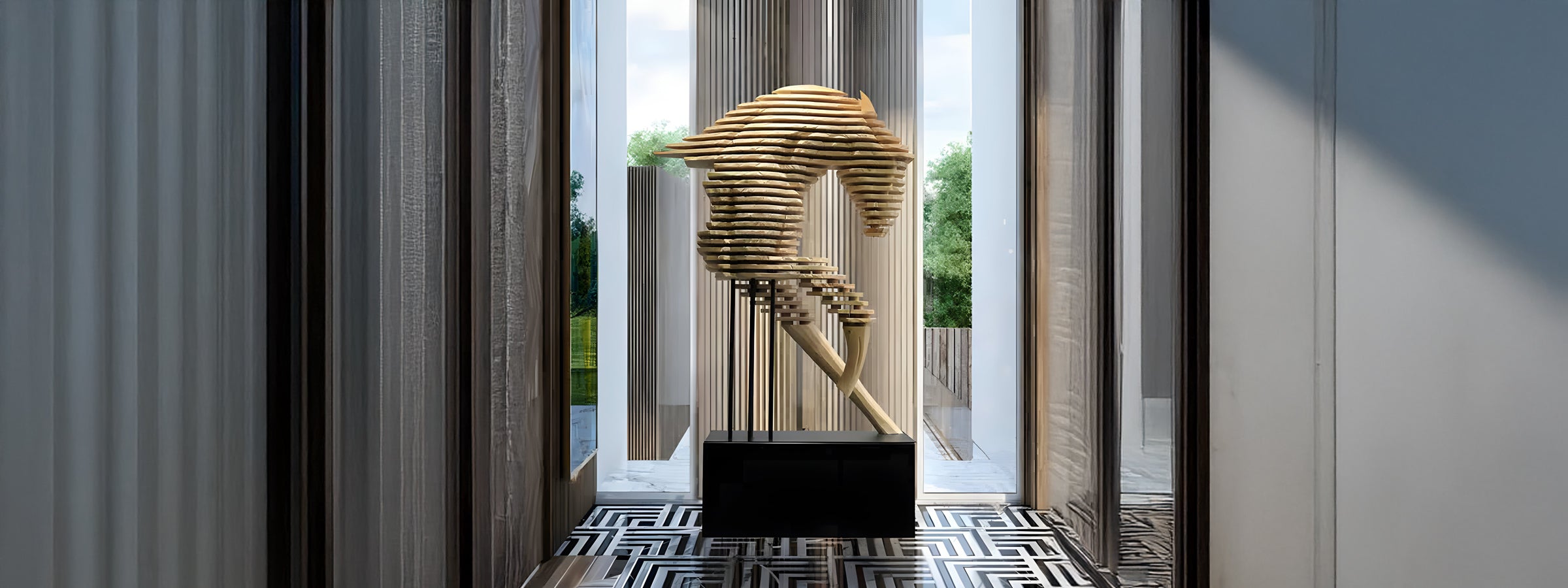 Modern horse sculpture composed of horizontal stacked layers, creating a dynamic, abstract form. The sculpture is displayed on a black pedestal in a contemporary interior with floor-to-ceiling windows and geometric black-and-white flooring.