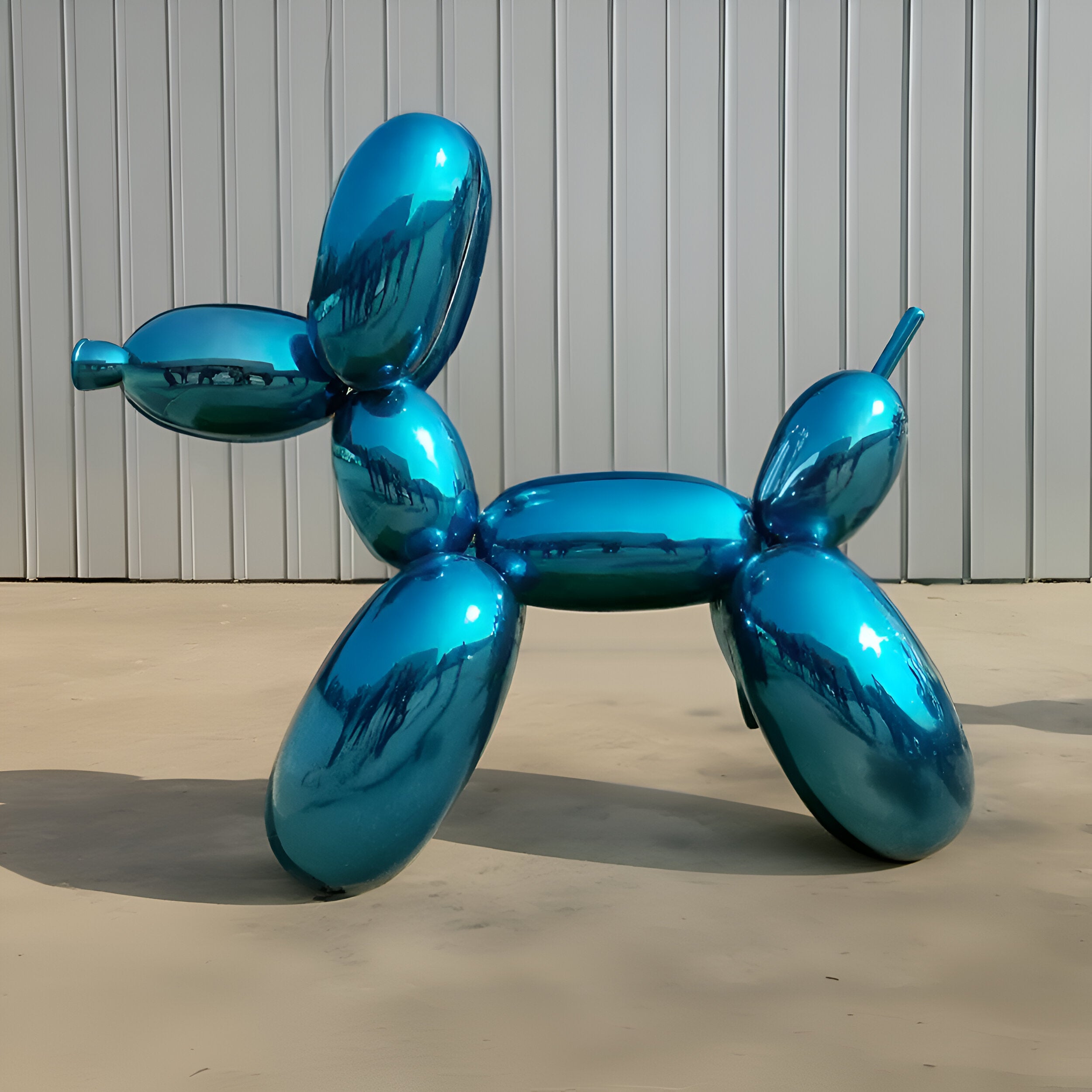 A sleek blue dog sculpture displayed in a minimalist outdoor setting, ideal for modern garden decor and contemporary art spaces.