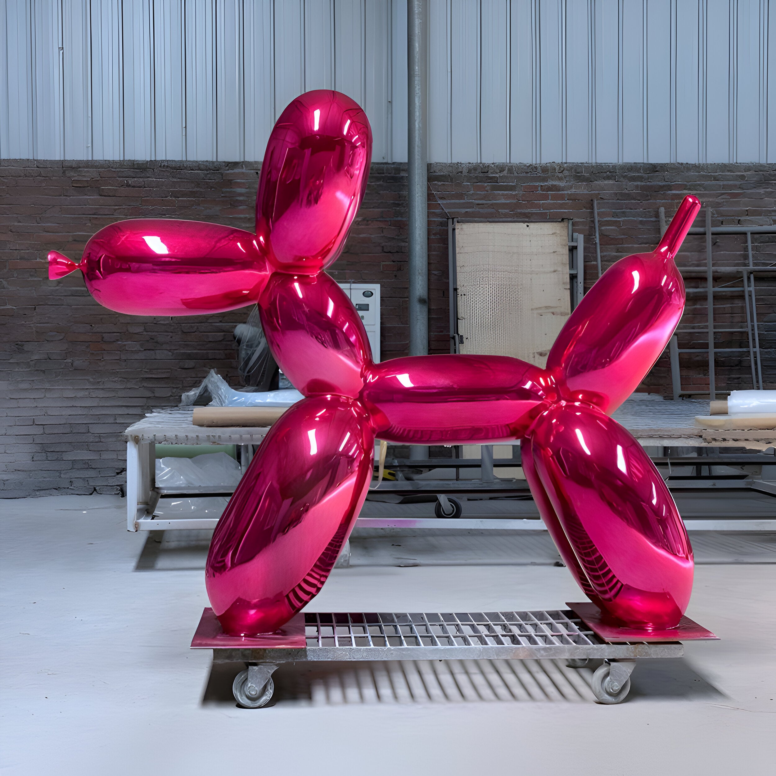 A vibrant pink dog sculpture placed in a contemporary industrial environment, perfect for adding a pop of color and modern art to urban interiors.