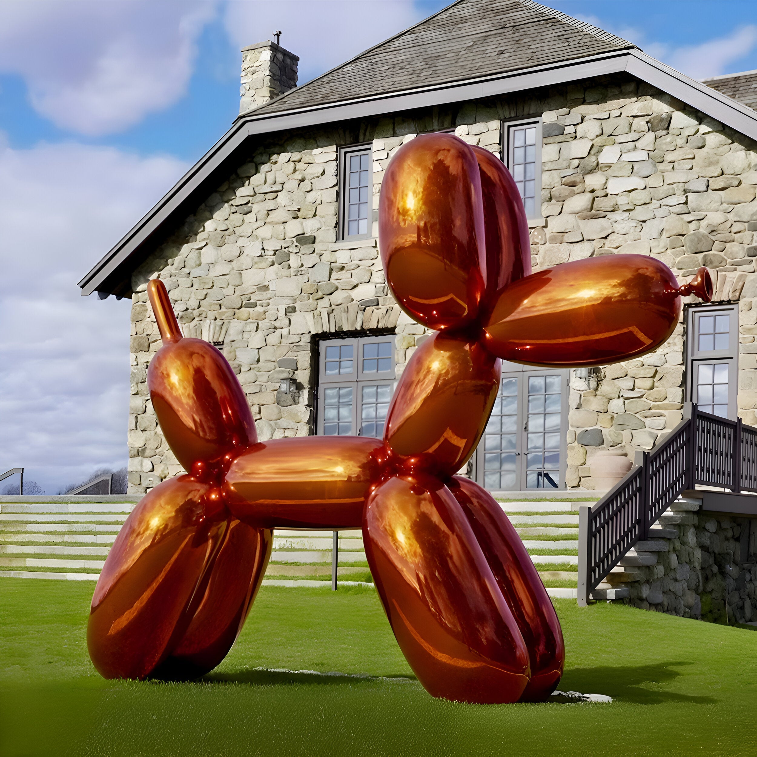 A bold copper orange dog sculpture standing tall in front of a luxurious stone estate, perfect for making a statement in high-end outdoor or garden settings.