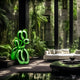 Giant green dog sculpture in a luxurious living space, harmonizing with the natural, forest-like interior design.