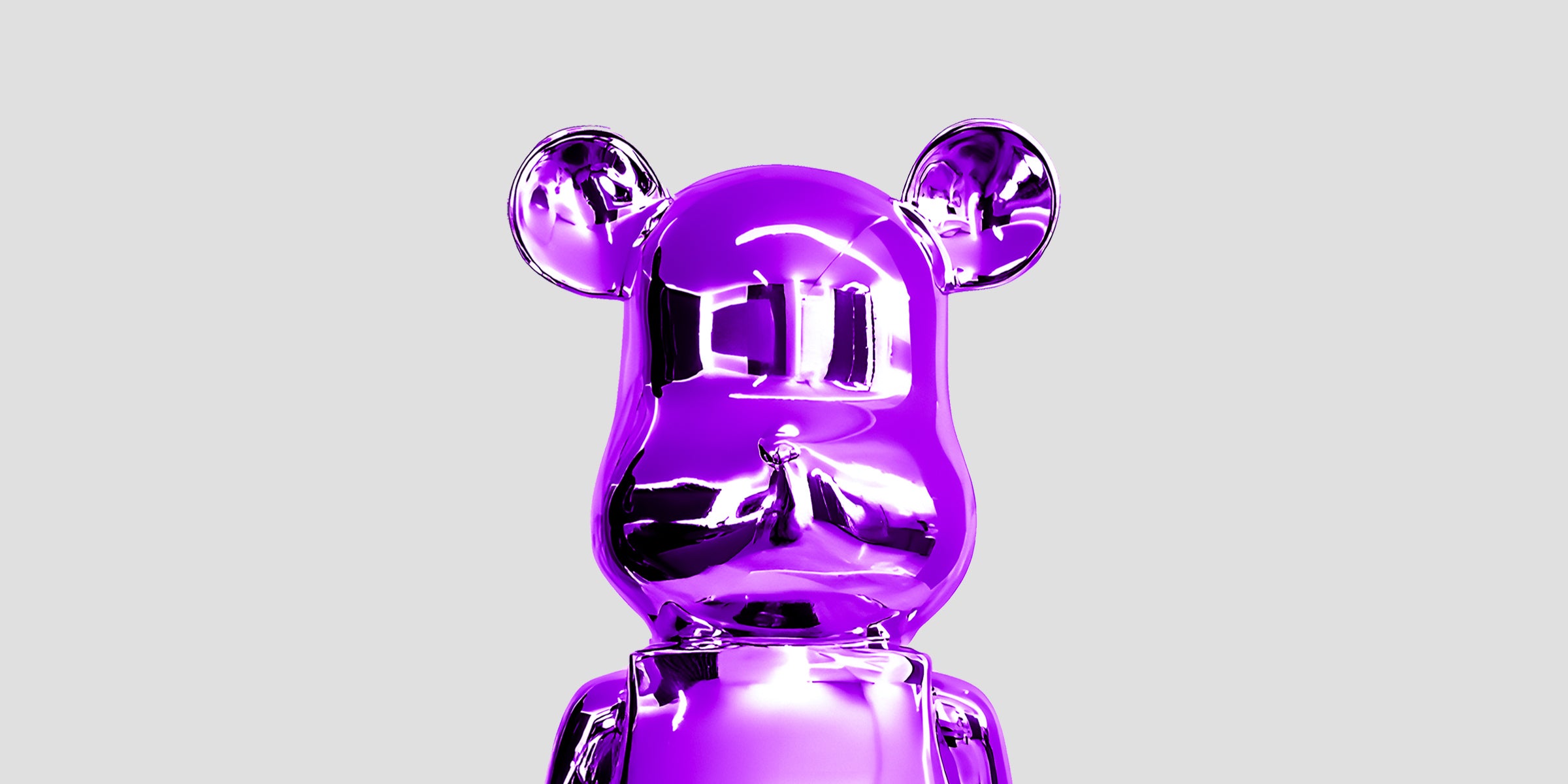 Close-up of a striking purple dream bear sculpture with a glossy reflective surface, luxury contemporary decor.